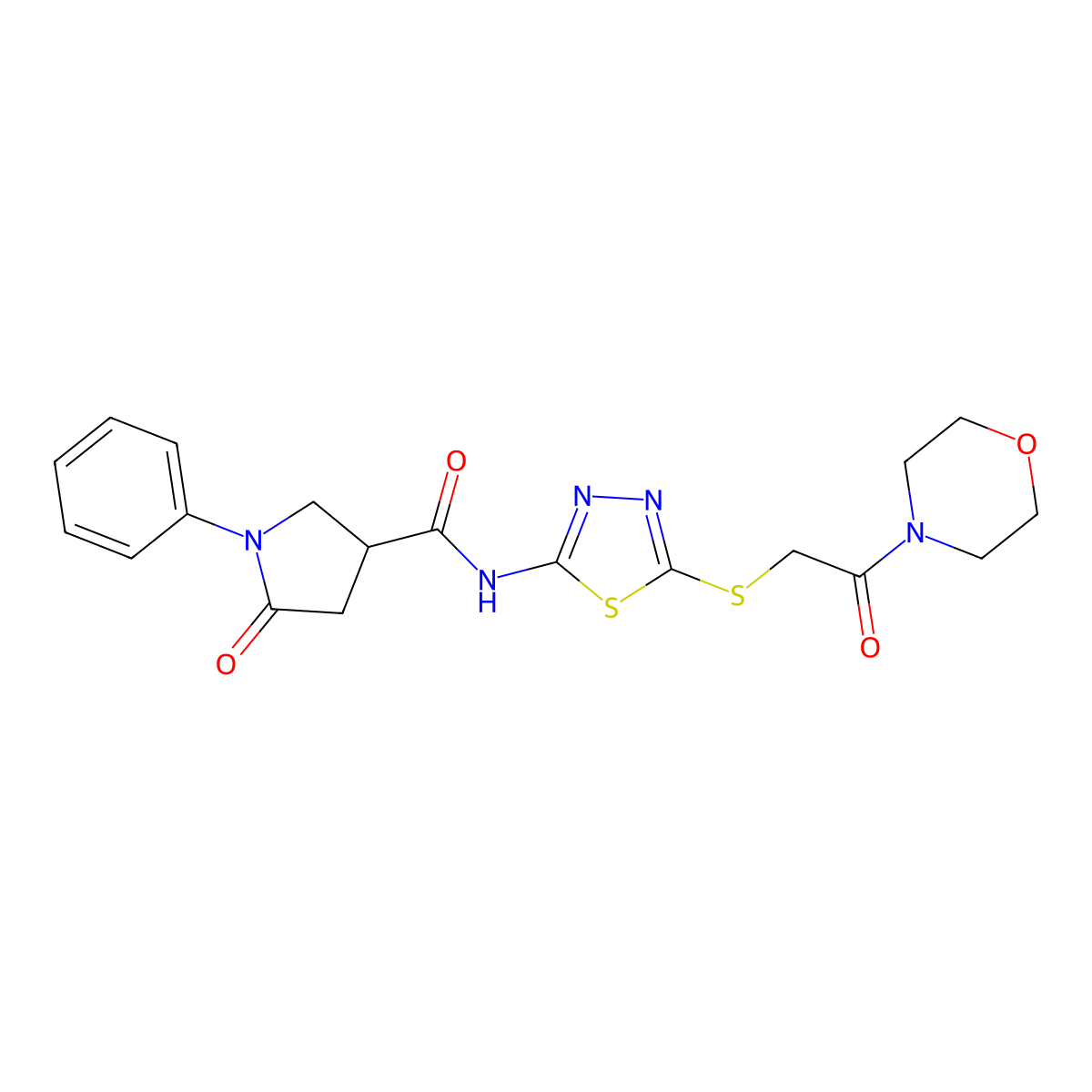 N-[5-(2-morpholin-4-yl-2-oxoethyl)sulfanyl-1,3,4-thiadiazol-2-yl]-5-oxo-1-phenylpyrrolidine-3-carboxamide molecular structure, CAS 832685-58-2