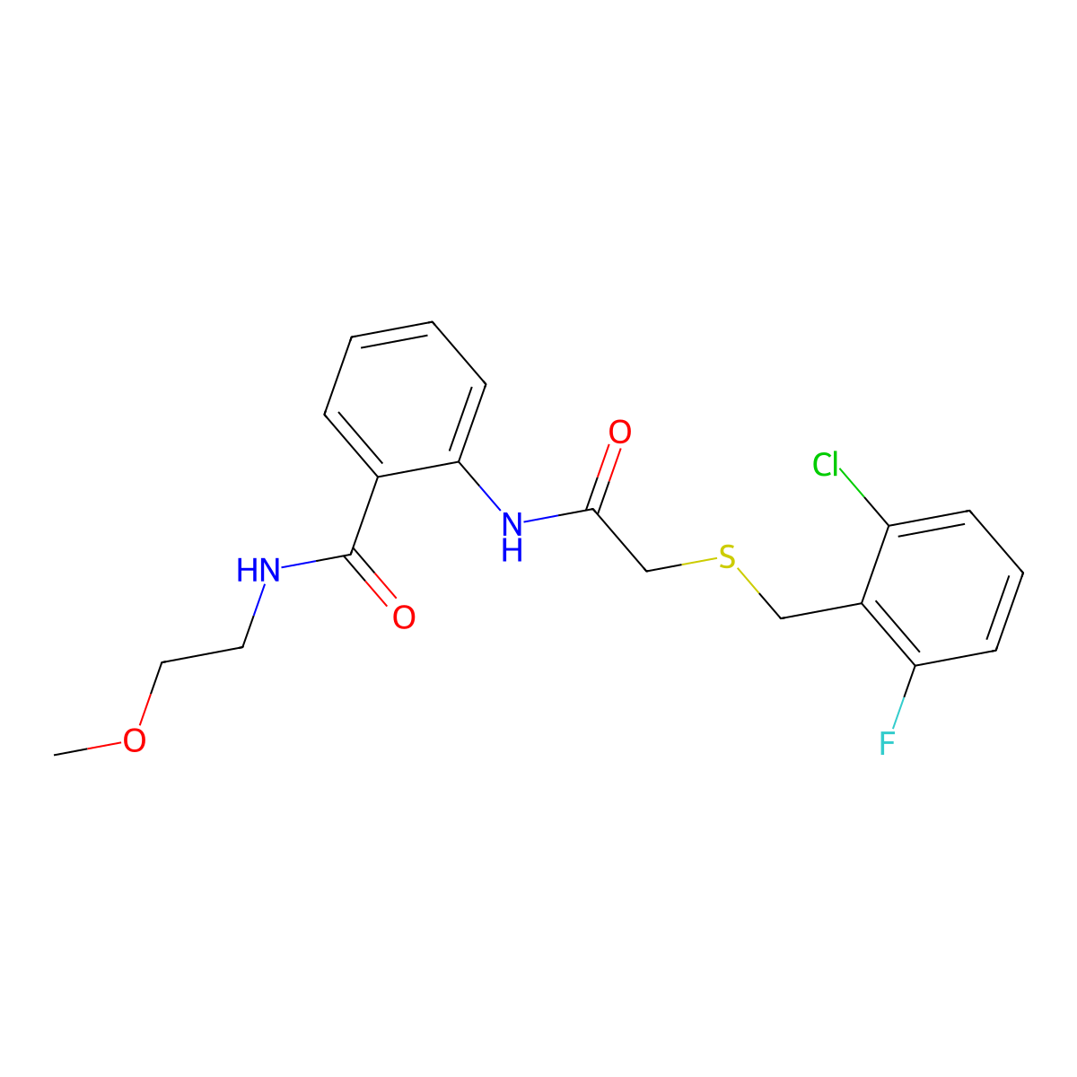 2-[[2-[(2-chloro-6-fluorophenyl)methylsulfanyl]acetyl]amino]-N-(2-methoxyethyl)benzamide molecular structure, CAS 832685-89-9