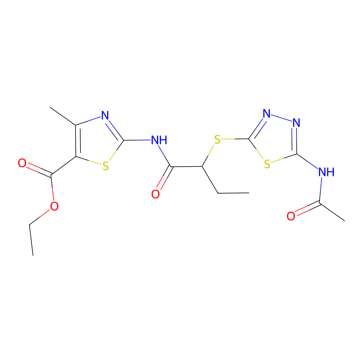 Ethyl 2-[(2-{[5-(acetylamino)-1,3,4-thiadiazol-2-yl]sulfanyl}butanoyl)amino]-4-methyl-1,3-thiazole-5-carboxylate molecular structure, CAS 832686-15-4