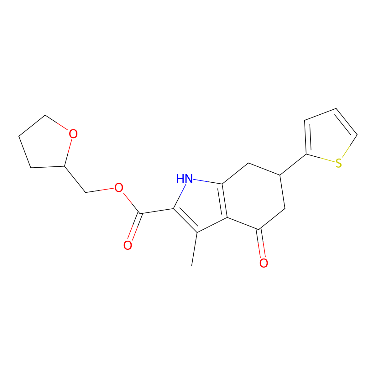 tetrahydrofuran-2-ylmethyl 3-methyl-4-oxo-6-(thiophen-2-yl)-4,5,6,7-tetrahydro-1H-indole-2-carboxylate molecular structure, CAS 832686-74-5