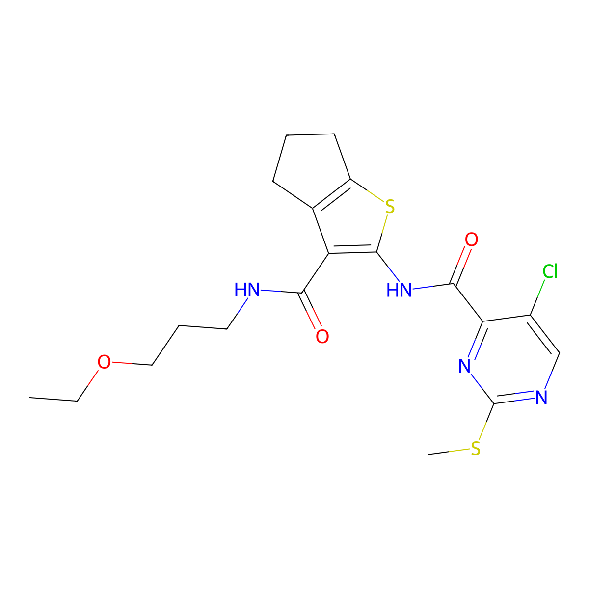 5-chloro-N-{3-[(3-ethoxypropyl)carbamoyl]-4H,5H,6H-cyclopenta[b]thiophen-2-yl}-2-(methylsulfanyl)pyrimidine-4-carboxamide molecular structure, CAS 832687-26-0