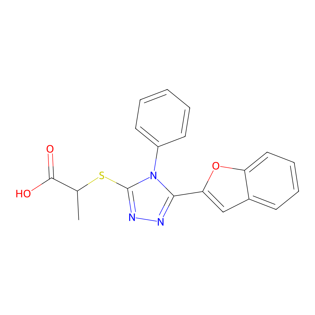 2-[[5-(1-Benzofuran-2-yl)-4-phenyl-1,2,4-triazol-3-yl]sulfanyl]propanoic acid molecular structure, CAS 832687-69-1