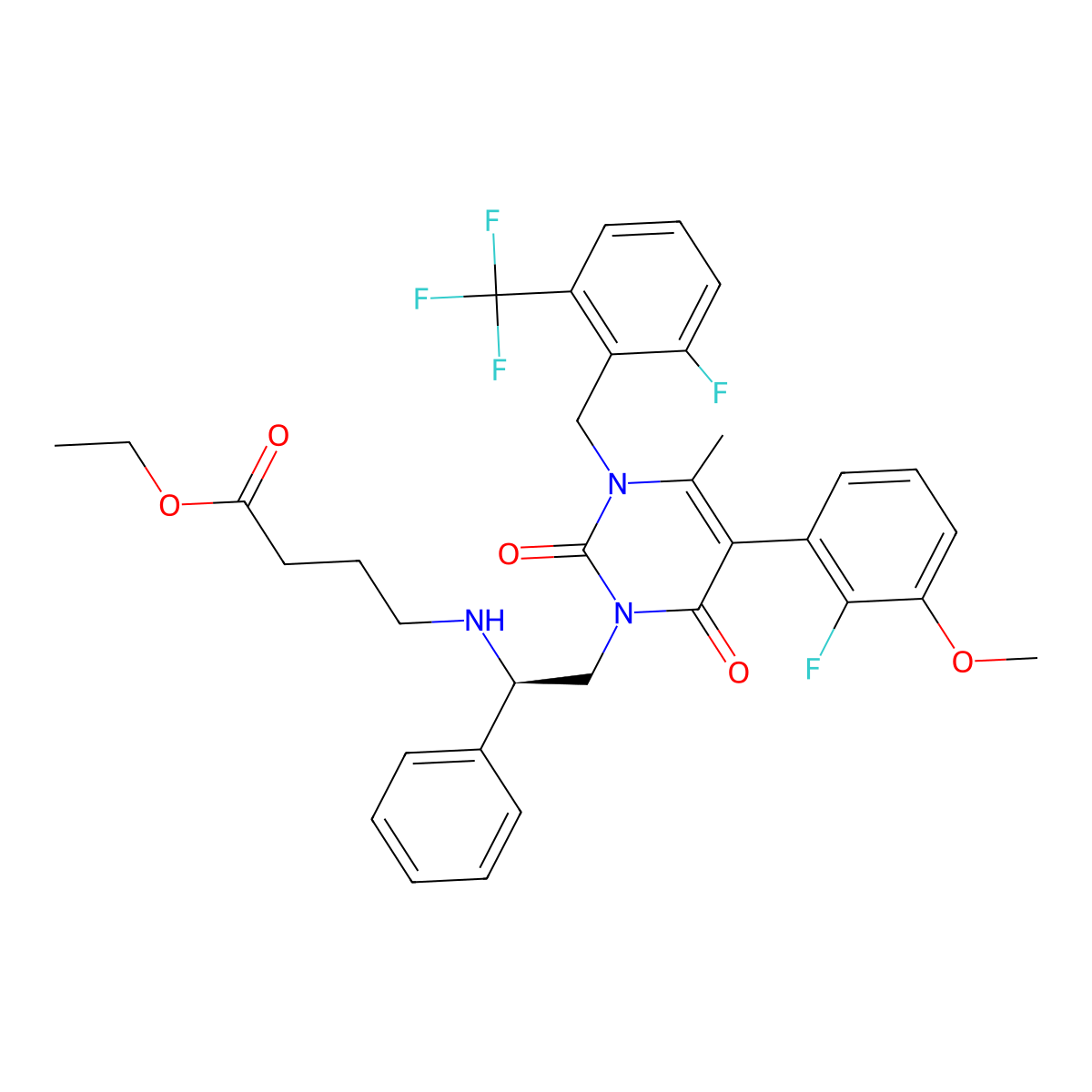 Ethyl 4-(((1R)-2-(5-(2-fluoro-3-methoxyphenyl)-3-(2-fluoro-6-(trifluoromethyl)benzyl)-4-methyl-2,6-dioxo-3,6-dihydro-1(2H)-pyrimidinyl)-1-phenylethyl)amino)butanoate molecular structure, CAS 832720-84-0