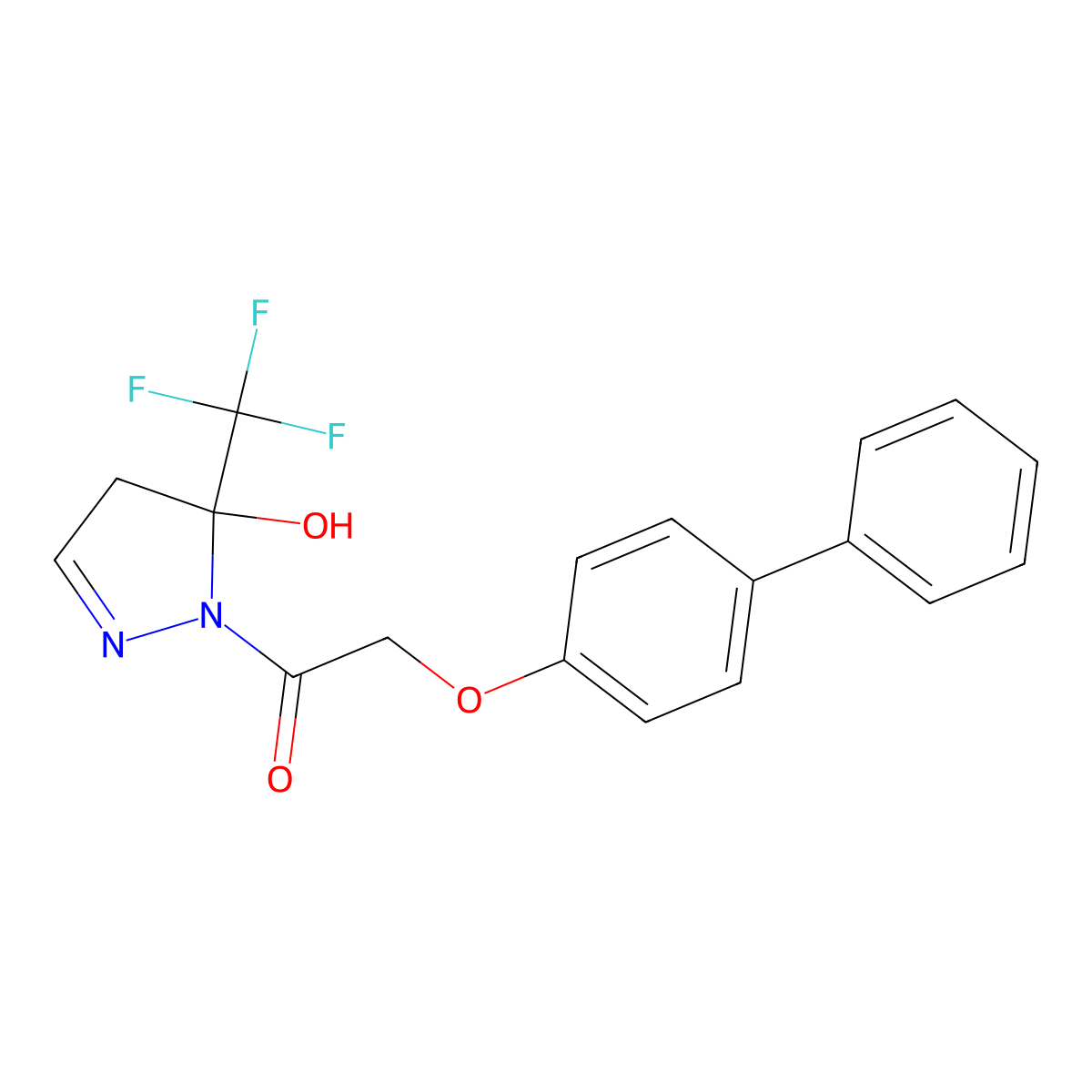 2-(biphenyl-4-yloxy)-1-[5-hydroxy-5-(trifluoromethyl)-4,5-dihydro-1H-pyrazol-1-yl]ethanone molecular structure, CAS 832728-22-0