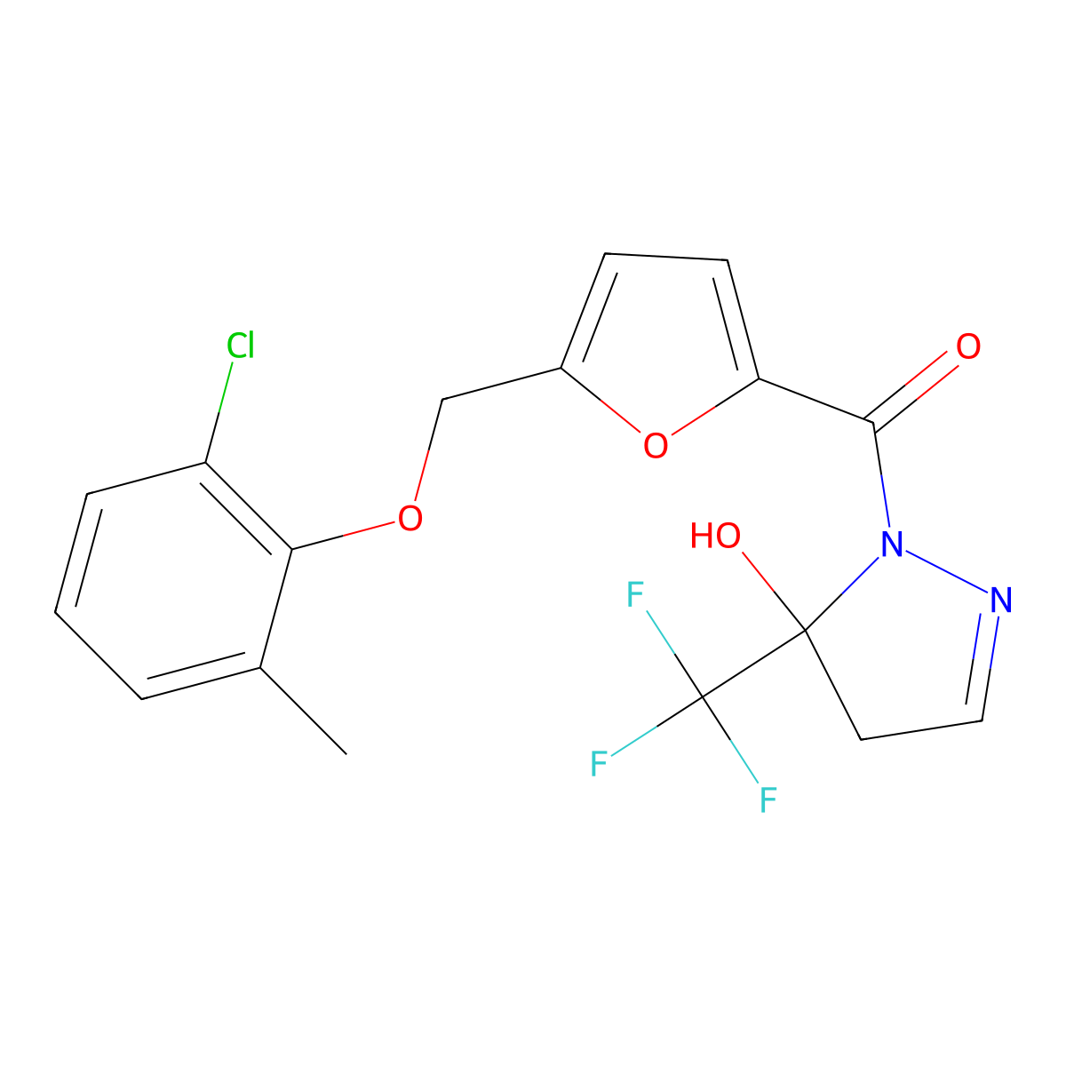 {5-[(2-chloro-6-methylphenoxy)methyl]furan-2-yl}[5-hydroxy-5-(trifluoromethyl)-4,5-dihydro-1H-pyrazol-1-yl]methanone molecular structure, CAS 832729-04-1