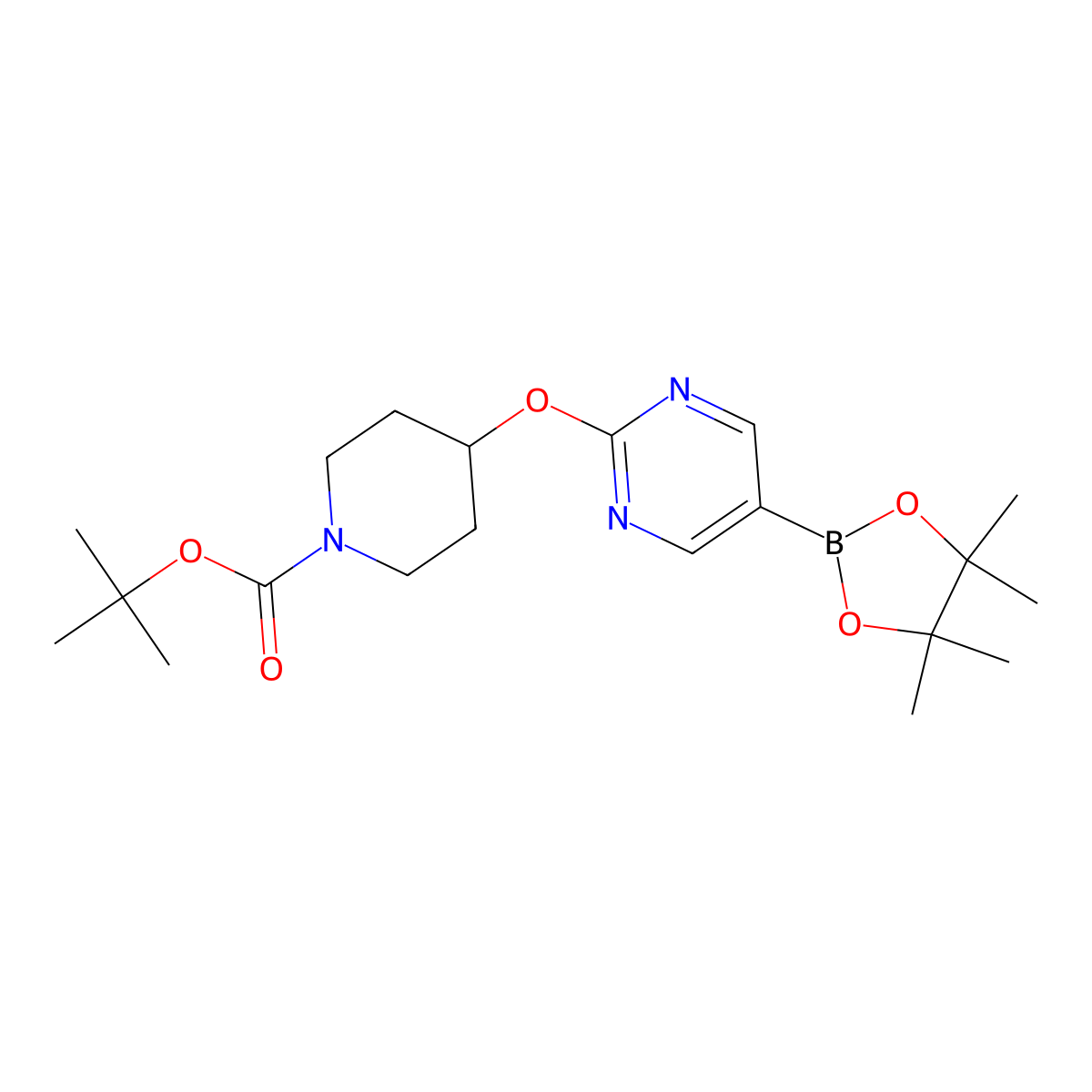 tert-Butyl 4-((5-(4,4,5,5-tetramethyl-1,3,2-dioxaborolan-2-yl)pyrimidin-2-yl)oxy)piperidine-1-carboxylate molecular structure, CAS 832735-51-0