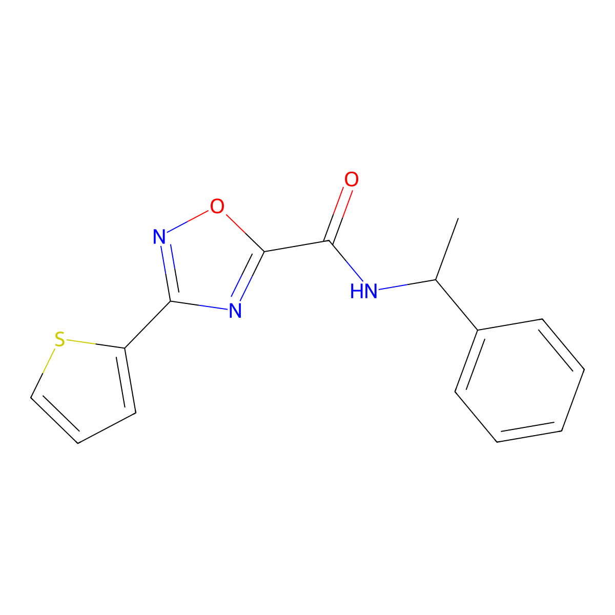 N-(1-phenylethyl)-3-thiophen-2-yl-1,2,4-oxadiazole-5-carboxamide molecular structure, CAS 832736-63-7