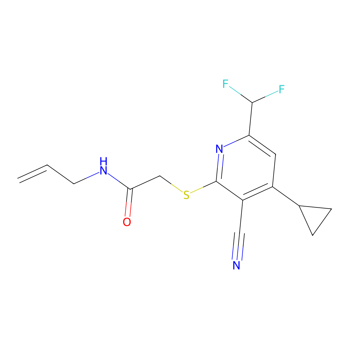 2-{[3-cyano-4-cyclopropyl-6-(difluoromethyl)pyridin-2-yl]sulfanyl}-N-(prop-2-en-1-yl)acetamide molecular structure, CAS 832736-76-2