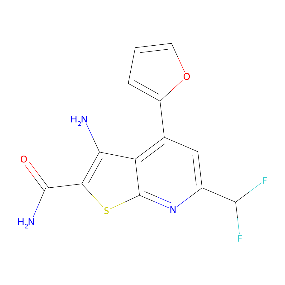 3-Amino-6-(difluoromethyl)-4-(furan-2-yl)thieno[2,3-b]pyridine-2-carboxamide molecular structure, CAS 832739-51-2