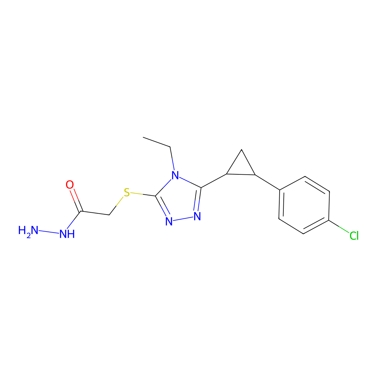 2-({5-[2-(4-chlorophenyl)cyclopropyl]-4-ethyl-4H-1,2,4-triazol-3-yl}sulfanyl)acetohydrazide molecular structure, CAS 832740-38-2
