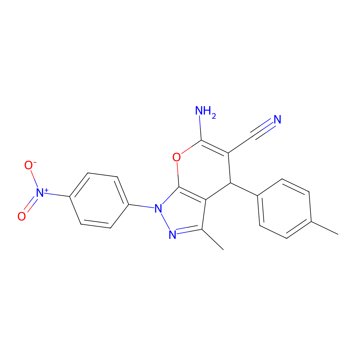 6-Amino-3-methyl-4-(4-methylphenyl)-1-(4-nitrophenyl)-1,4-dihydropyrano[2,3-c]pyrazole-5-carbonitrile molecular structure, CAS 832740-51-9