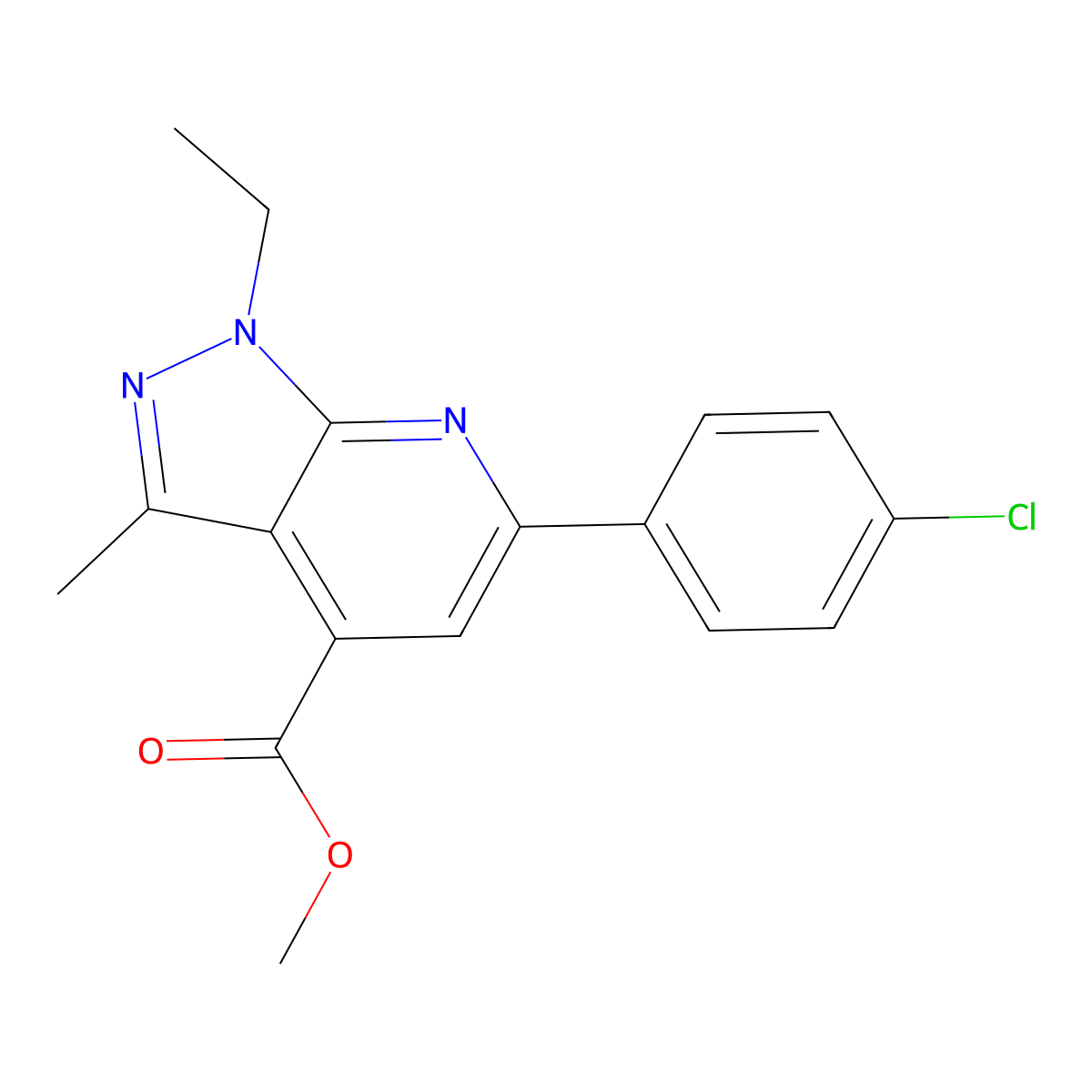 methyl 6-(4-chlorophenyl)-1-ethyl-3-methyl-1H-pyrazolo[3,4-b]pyridine-4-carboxylate molecular structure, CAS 832741-63-6