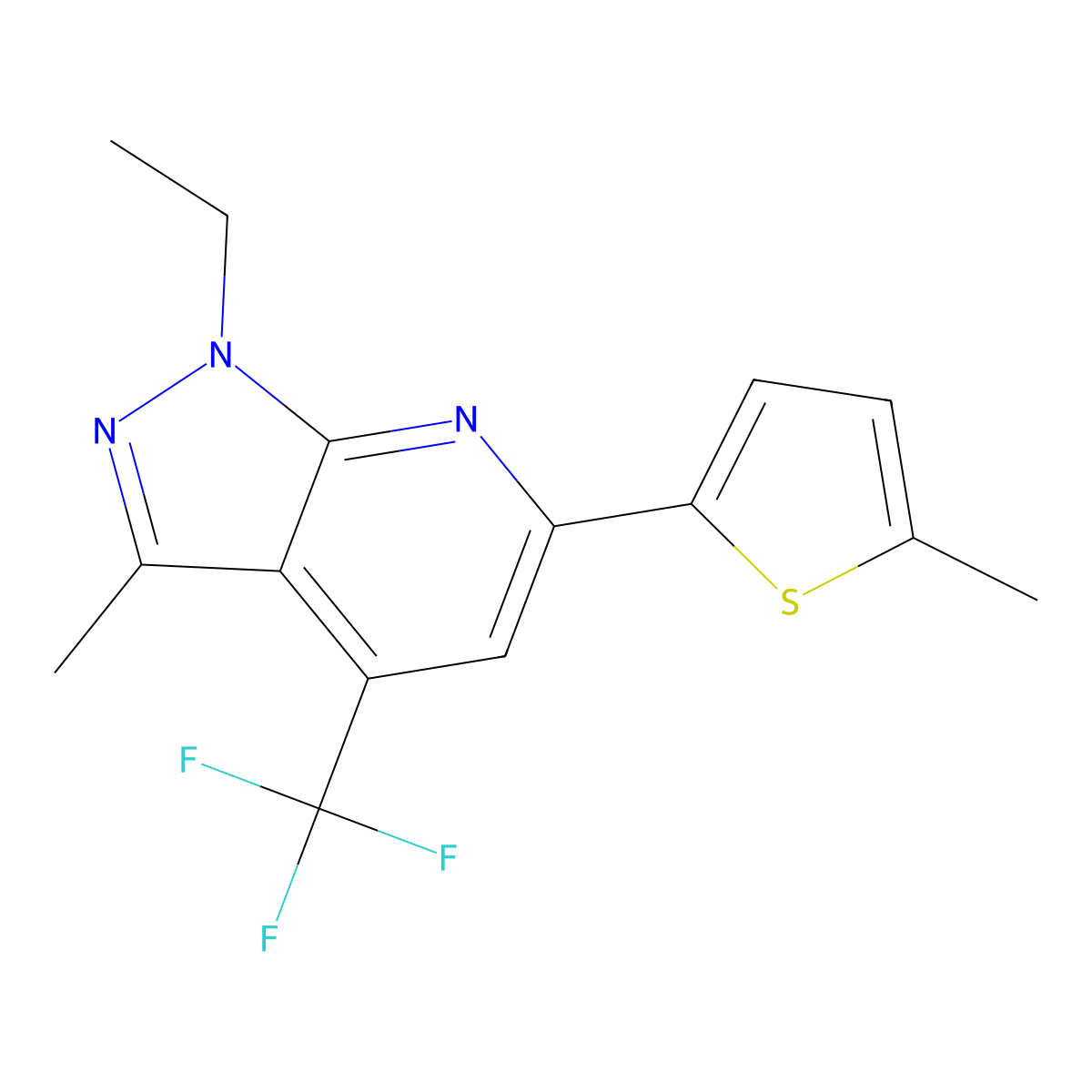 1-Ethyl-3-methyl-6-(5-methyl-2-thienyl)-4-(trifluoromethyl)-1H-pyrazolo[3,4-B]pyridine molecular structure, CAS 832741-73-8
