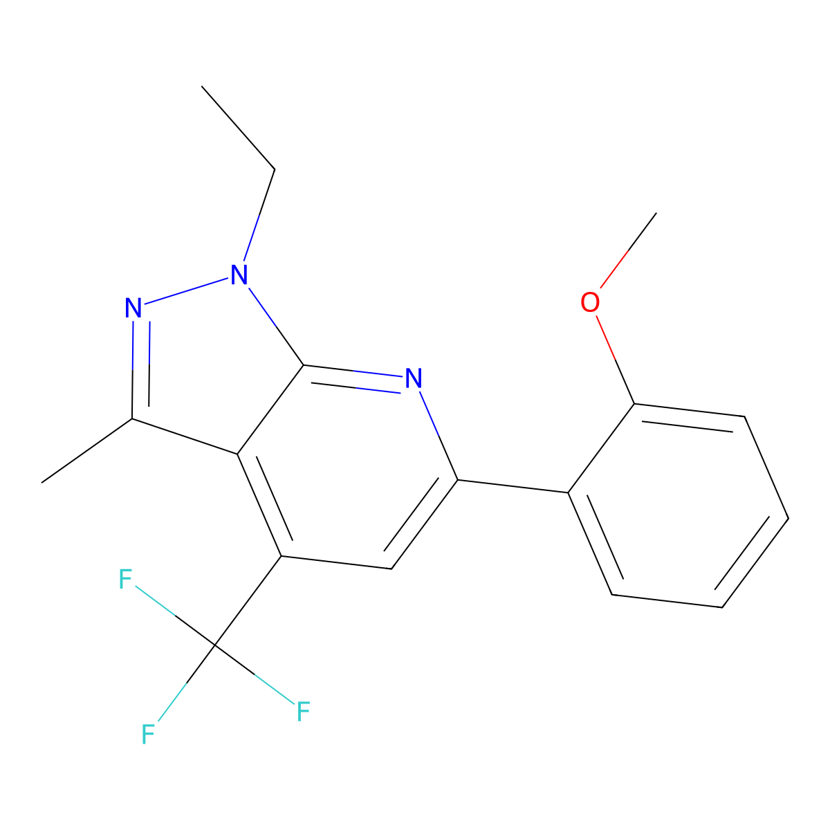 1-ethyl-6-(2-methoxyphenyl)-3-methyl-4-(trifluoromethyl)-1H-pyrazolo[3,4-b]pyridine molecular structure, CAS 832742-01-5
