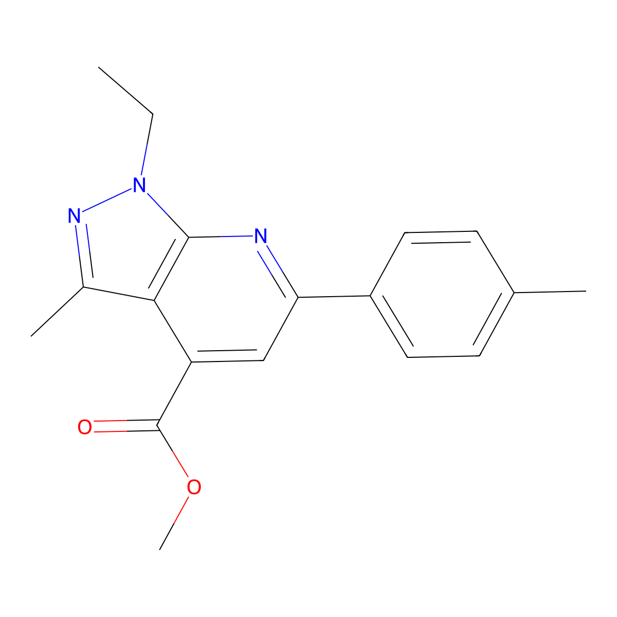 Methyl 1-ethyl-3-methyl-6-(p-tolyl)-1H-pyrazolo[3,4-b]pyridine-4-carboxylate molecular structure, CAS 832742-47-9