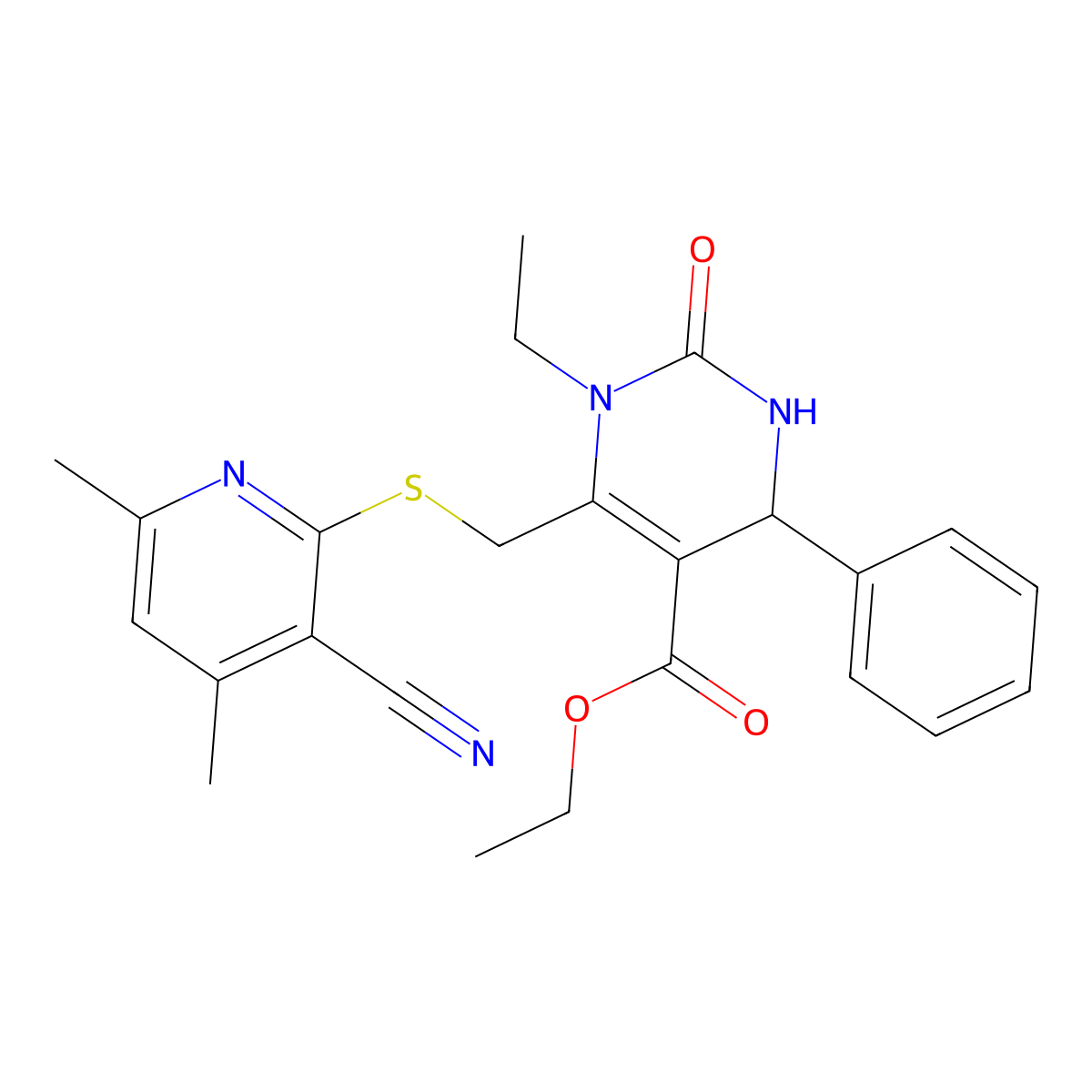 Ethyl 6-{[(3-cyano-4,6-dimethylpyridin-2-yl)sulfanyl]methyl}-1-ethyl-2-oxo-4-phenyl-1,2,3,4-tetrahydropyrimidine-5-carboxylate molecular structure, CAS 832742-48-0