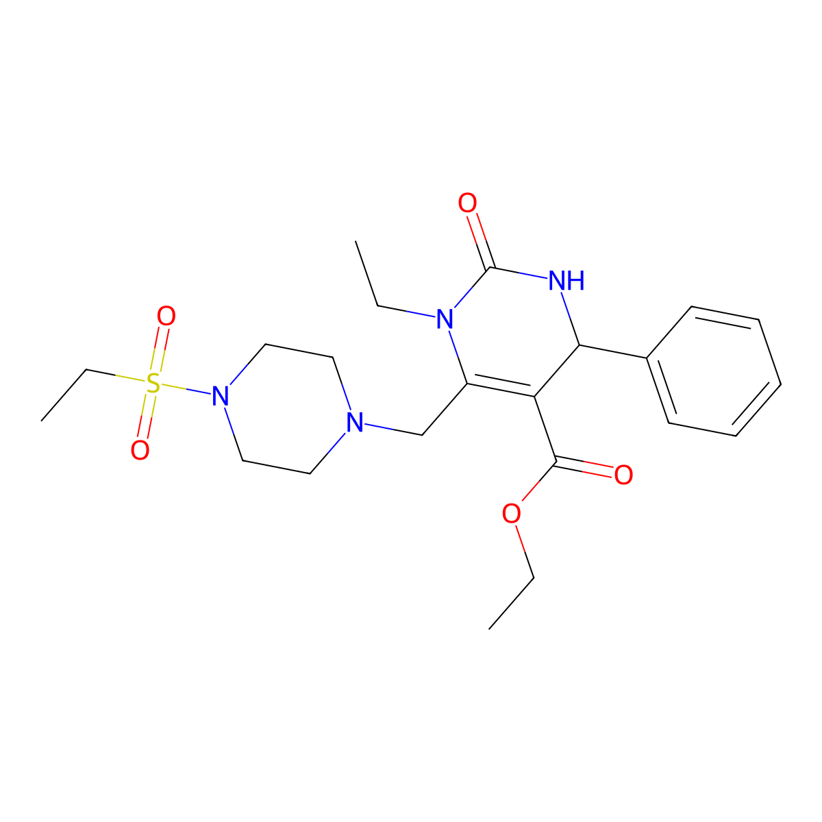 Ethyl 1-ethyl-6-((4-(ethylsulfonyl)piperazin-1-yl)methyl)-2-oxo-4-phenyl-1,2,3,4-tetrahydropyrimidine-5-carboxylate molecular structure, CAS 832742-67-3