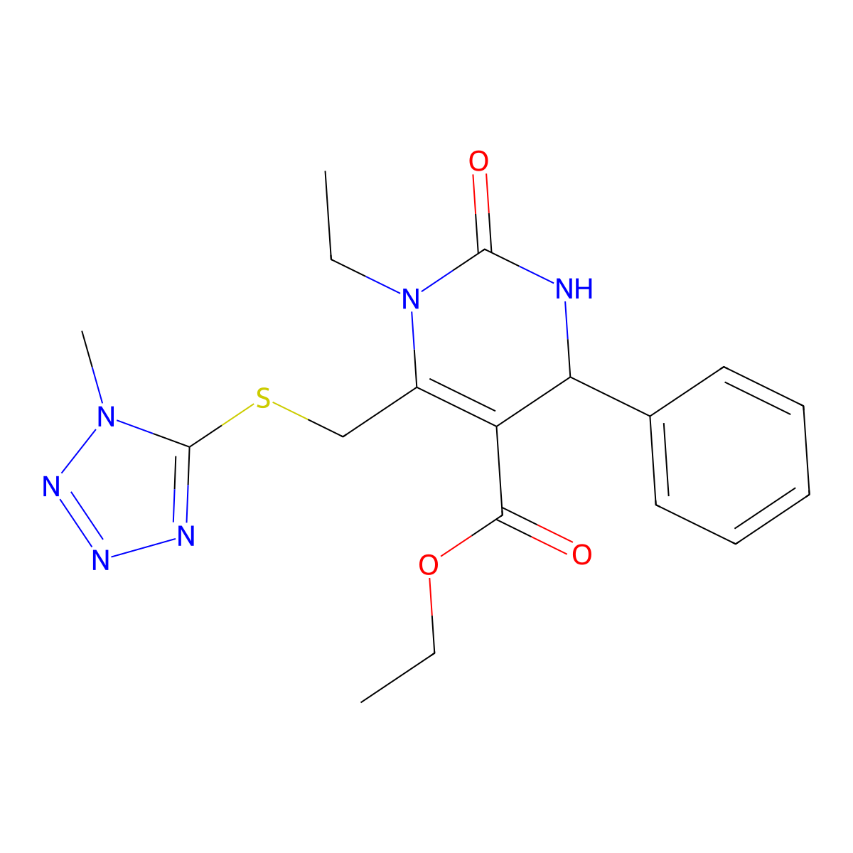 ethyl 1-ethyl-6-{[(1-methyl-1H-tetrazol-5-yl)sulfanyl]methyl}-2-oxo-4-phenyl-1,2,3,4-tetrahydropyrimidine-5-carboxylate molecular structure, CAS 832742-71-9