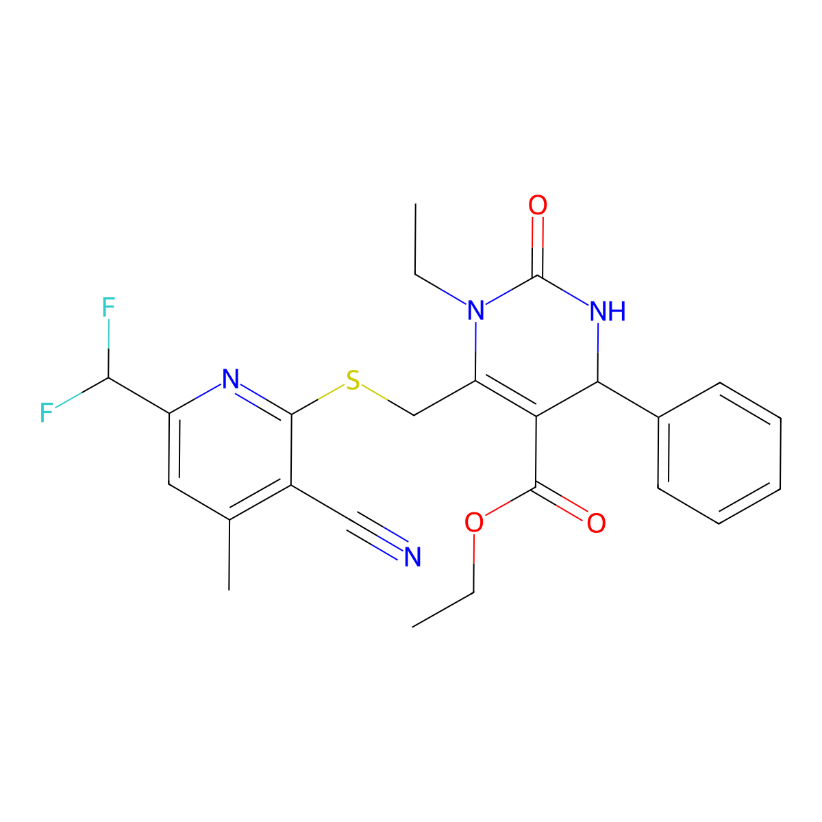 Ethyl 6-({[3-cyano-6-(difluoromethyl)-4-methylpyridin-2-yl]sulfanyl}methyl)-1-ethyl-2-oxo-4-phenyl-1,2,3,4-tetrahydropyrimidine-5-carboxylate molecular structure, CAS 832742-93-5
