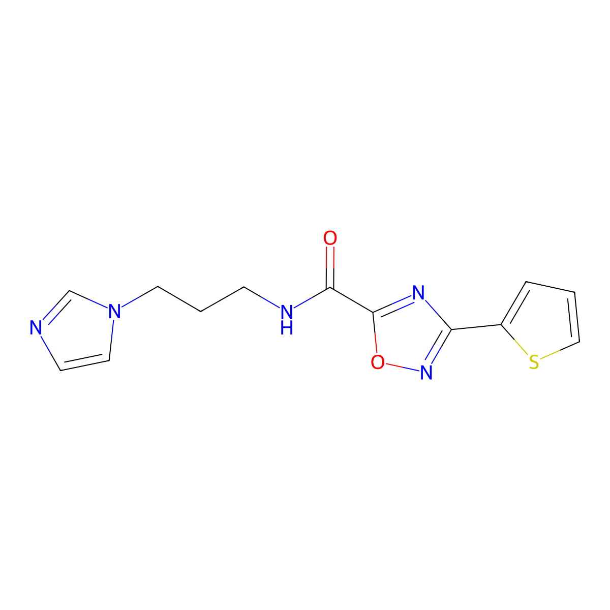 N-(3-(1H-imidazol-1-yl)propyl)-3-(thiophen-2-yl)-1,2,4-oxadiazole-5-carboxamide molecular structure, CAS 832742-94-6