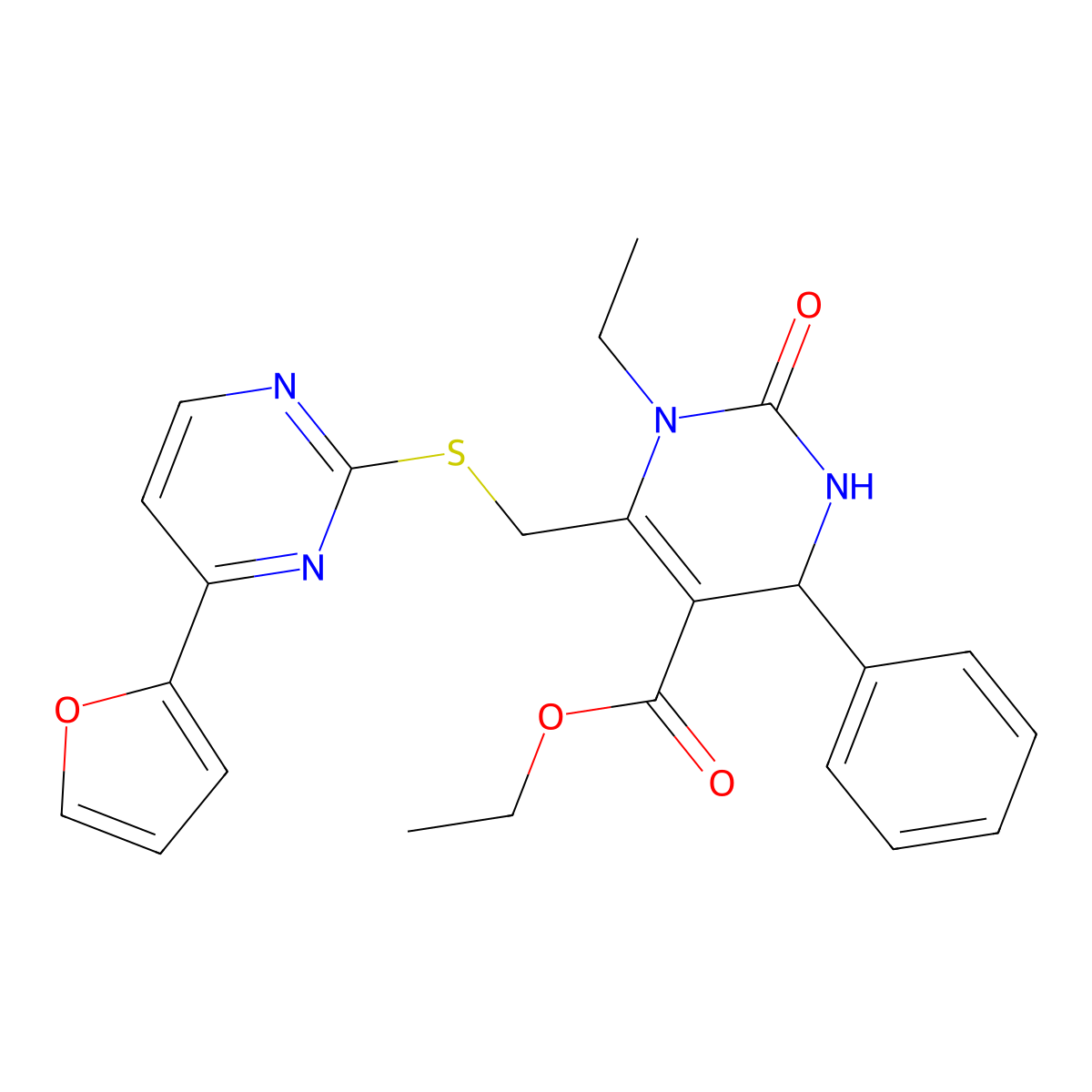 Ethyl 1-ethyl-6-({[4-(furan-2-yl)pyrimidin-2-yl]sulfanyl}methyl)-2-oxo-4-phenyl-1,2,3,4-tetrahydropyrimidine-5-carboxylate molecular structure, CAS 832742-98-0