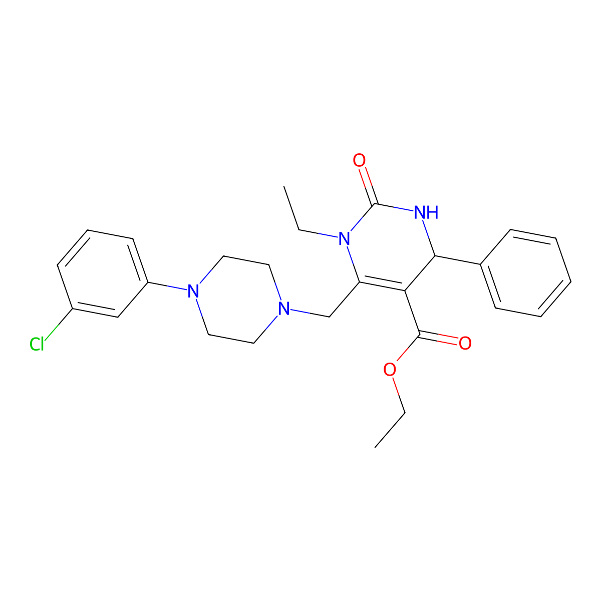 Ethyl 6-((4-(3-chlorophenyl)piperazin-1-yl)methyl)-1-ethyl-2-oxo-4-phenyl-1,2,3,4-tetrahydropyrimidine-5-carboxylate molecular structure, CAS 832743-05-2