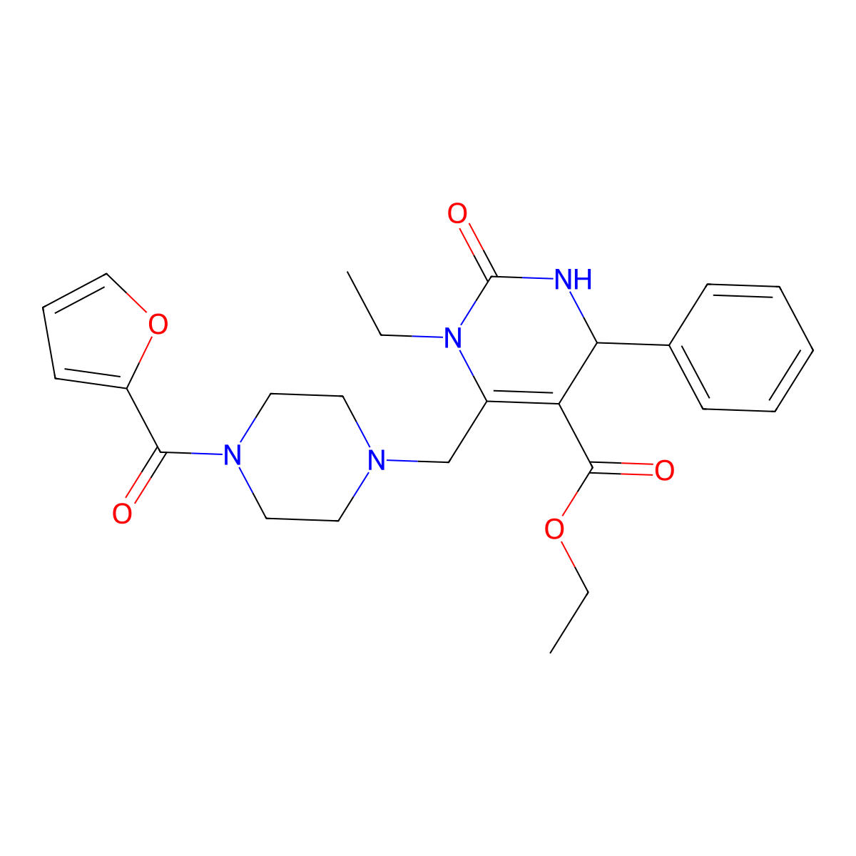 Ethyl 1-ethyl-6-{[4-(furan-2-ylcarbonyl)piperazin-1-yl]methyl}-2-oxo-4-phenyl-1,2,3,4-tetrahydropyrimidine-5-carboxylate molecular structure, CAS 832745-51-4