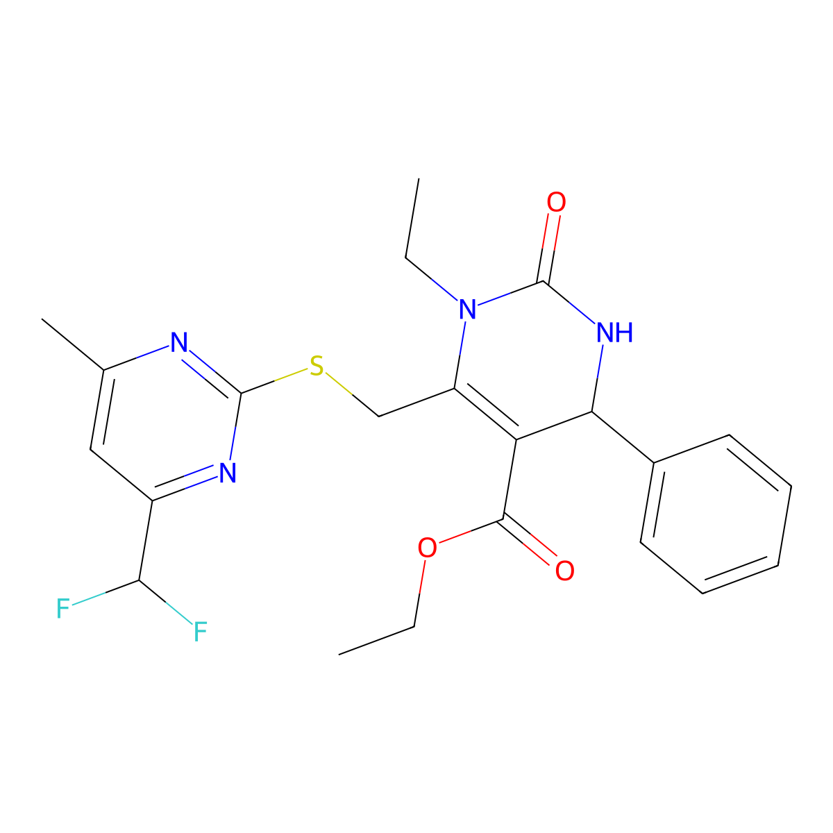 Ethyl 6-({[4-(difluoromethyl)-6-methylpyrimidin-2-yl]sulfanyl}methyl)-1-ethyl-2-oxo-4-phenyl-1,2,3,4-tetrahydropyrimidine-5-carboxylate molecular structure, CAS 832745-53-6