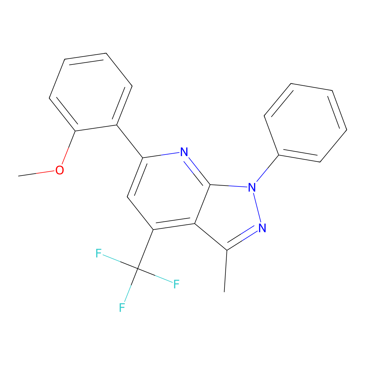 6-(2-methoxyphenyl)-3-methyl-1-phenyl-4-(trifluoromethyl)-1H-pyrazolo[3,4-b]pyridine molecular structure, CAS 832746-32-4
