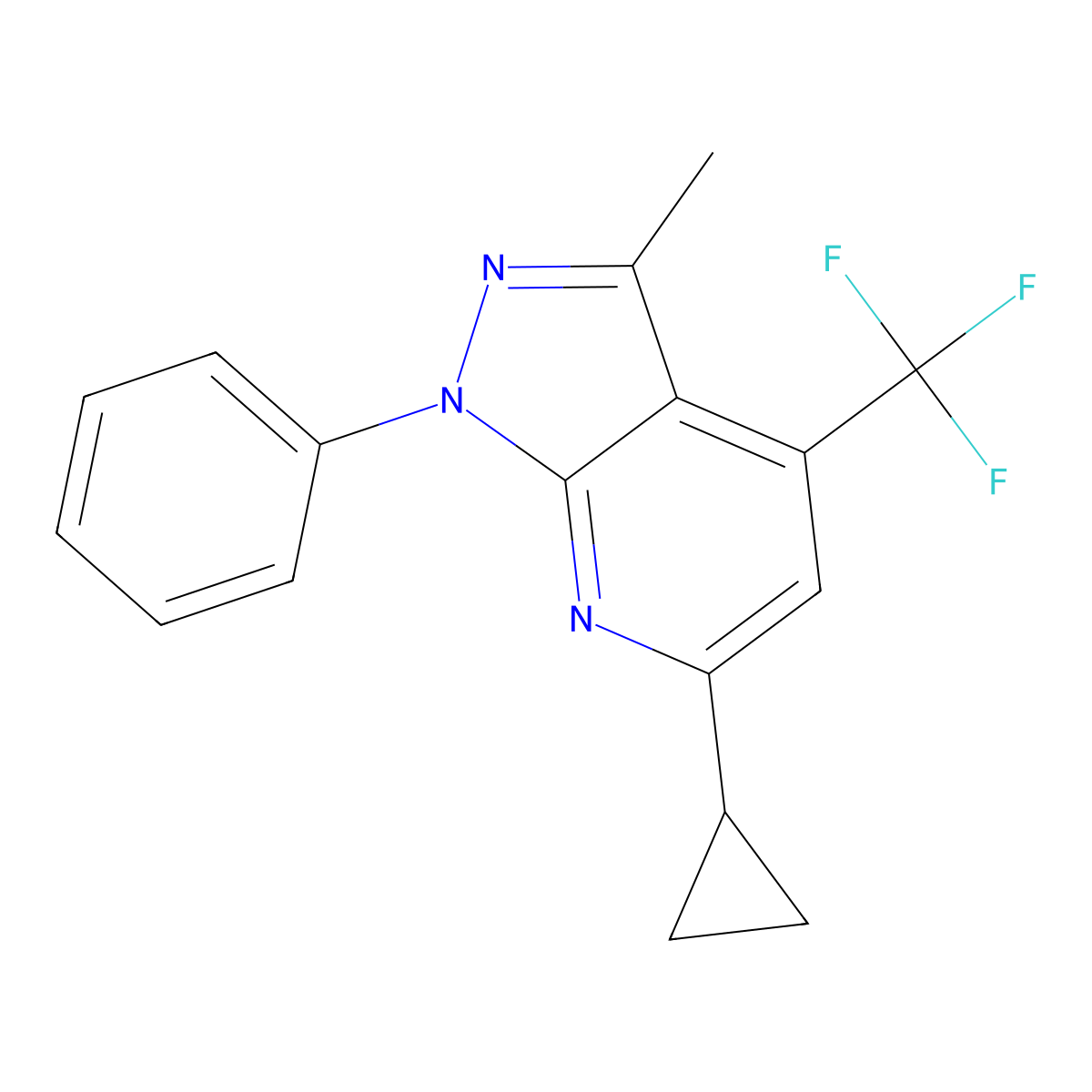 6-cyclopropyl-3-methyl-1-phenyl-4-(trifluoromethyl)-1H-pyrazolo[3,4-b]pyridine molecular structure, CAS 832746-53-9