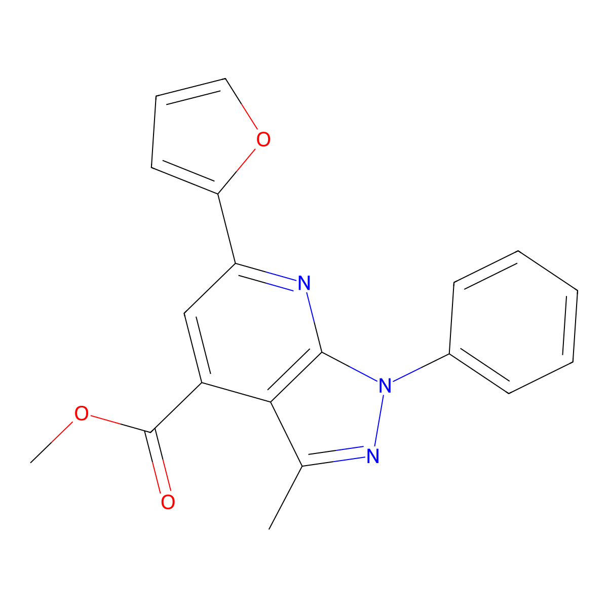 methyl 6-(furan-2-yl)-3-methyl-1-phenyl-1H-pyrazolo[3,4-b]pyridine-4-carboxylate molecular structure, CAS 832746-65-3