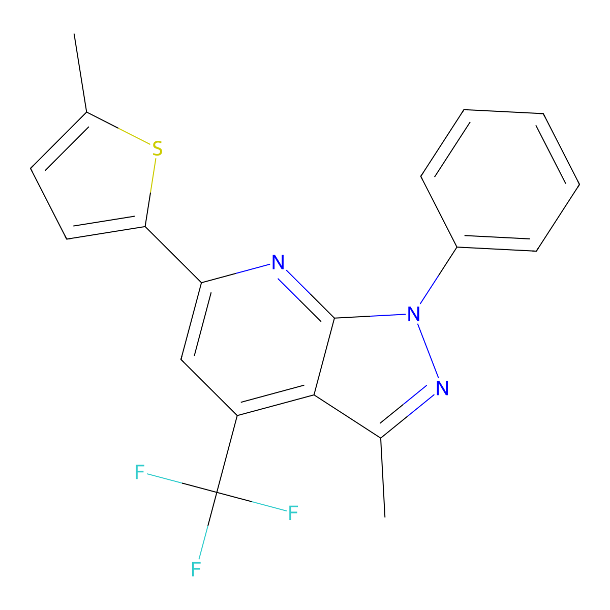 3-methyl-6-(5-methylthiophen-2-yl)-1-phenyl-4-(trifluoromethyl)-1H-pyrazolo[3,4-b]pyridine molecular structure, CAS 832746-69-7