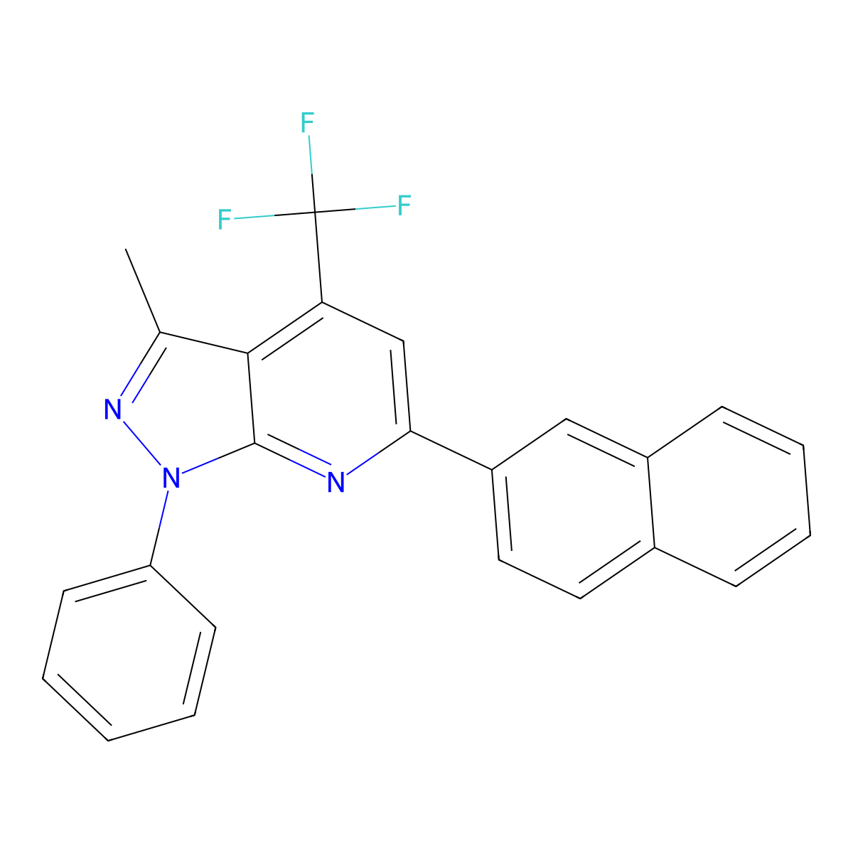 3-Methyl-6-(2-naphthyl)-1-phenyl-4-(trifluoromethyl)-1H-pyrazolo(3,4-B)pyridine molecular structure, CAS 832746-74-4