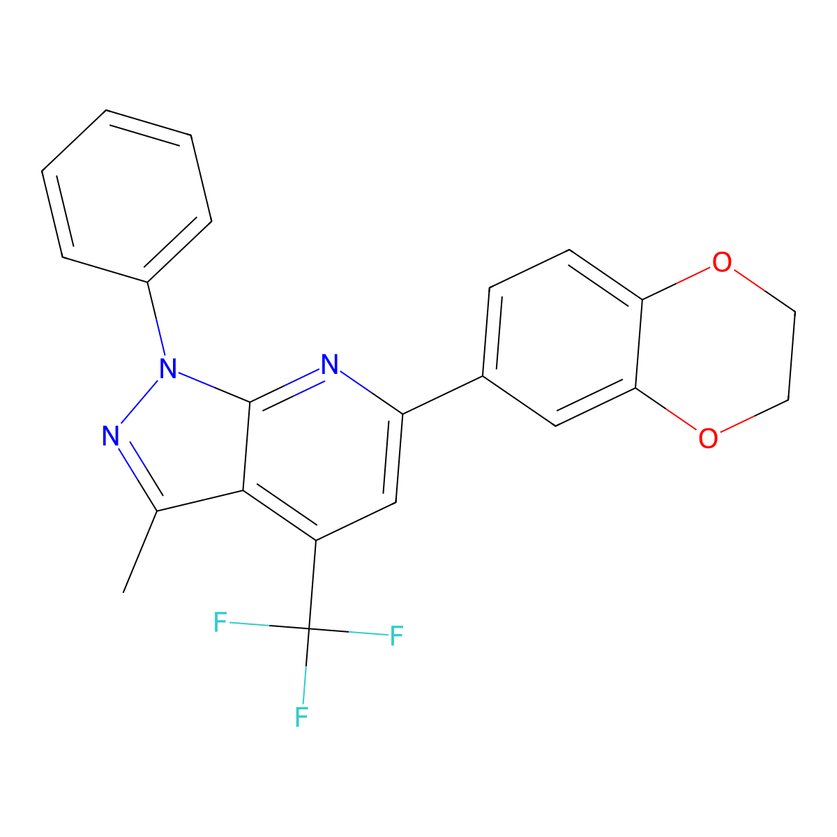 6-(2,3-dihydro-1,4-benzodioxin-6-yl)-3-methyl-1-phenyl-4-(trifluoromethyl)-1H-pyrazolo[3,4-b]pyridine molecular structure, CAS 832746-79-9