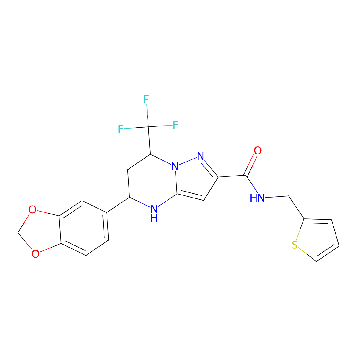 5-(benzo[d][1,3]dioxol-5-yl)-N-(thiophen-2-ylmethyl)-7-(trifluoromethyl)-4,5,6,7-tetrahydropyrazolo[1,5-a]pyrimidine-2-carboxamide molecular structure, CAS 833428-27-6
