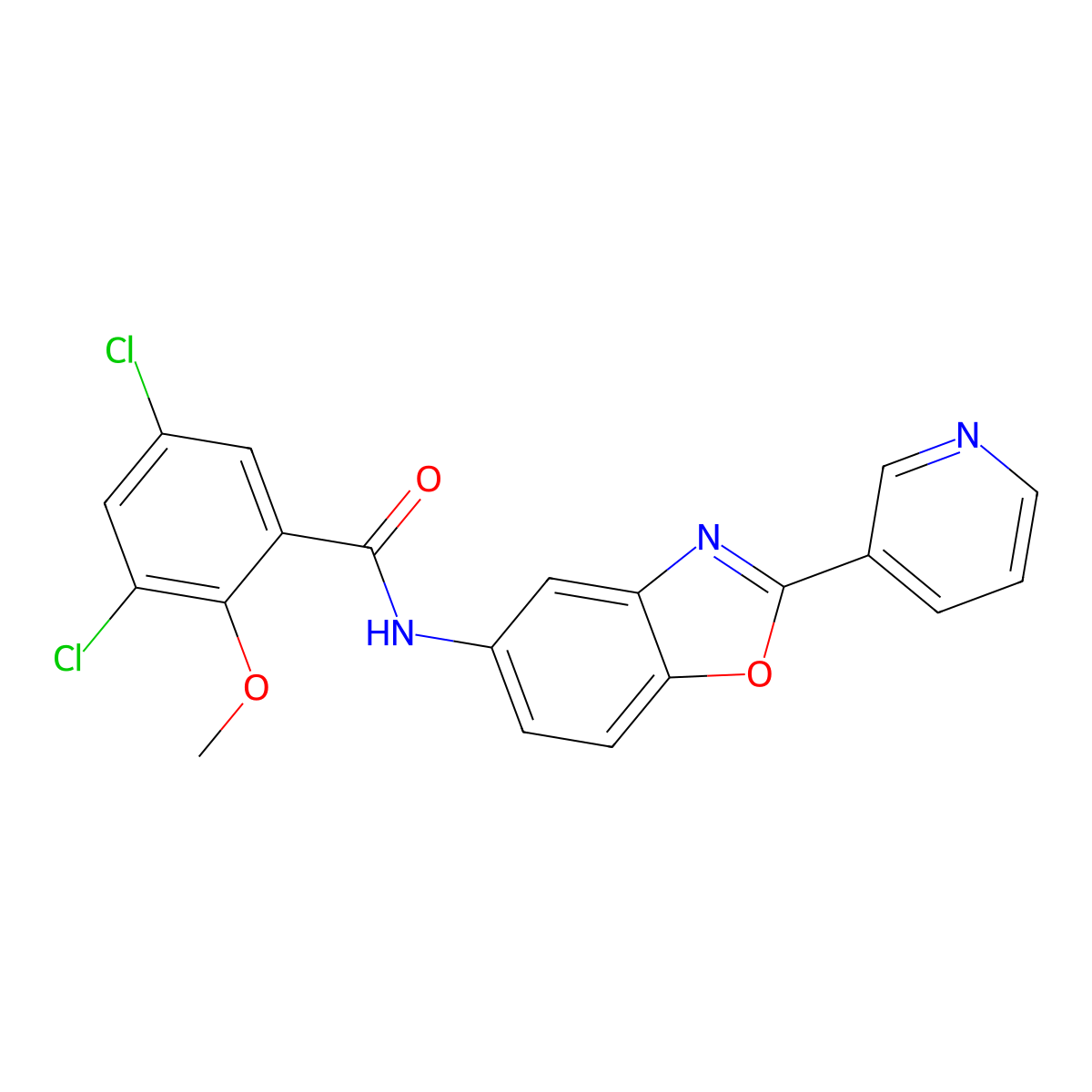3,5-dichloro-2-methoxy-N-(2-pyridin-3-yl-1,3-benzoxazol-5-yl)benzamide molecular structure, CAS 833428-78-7