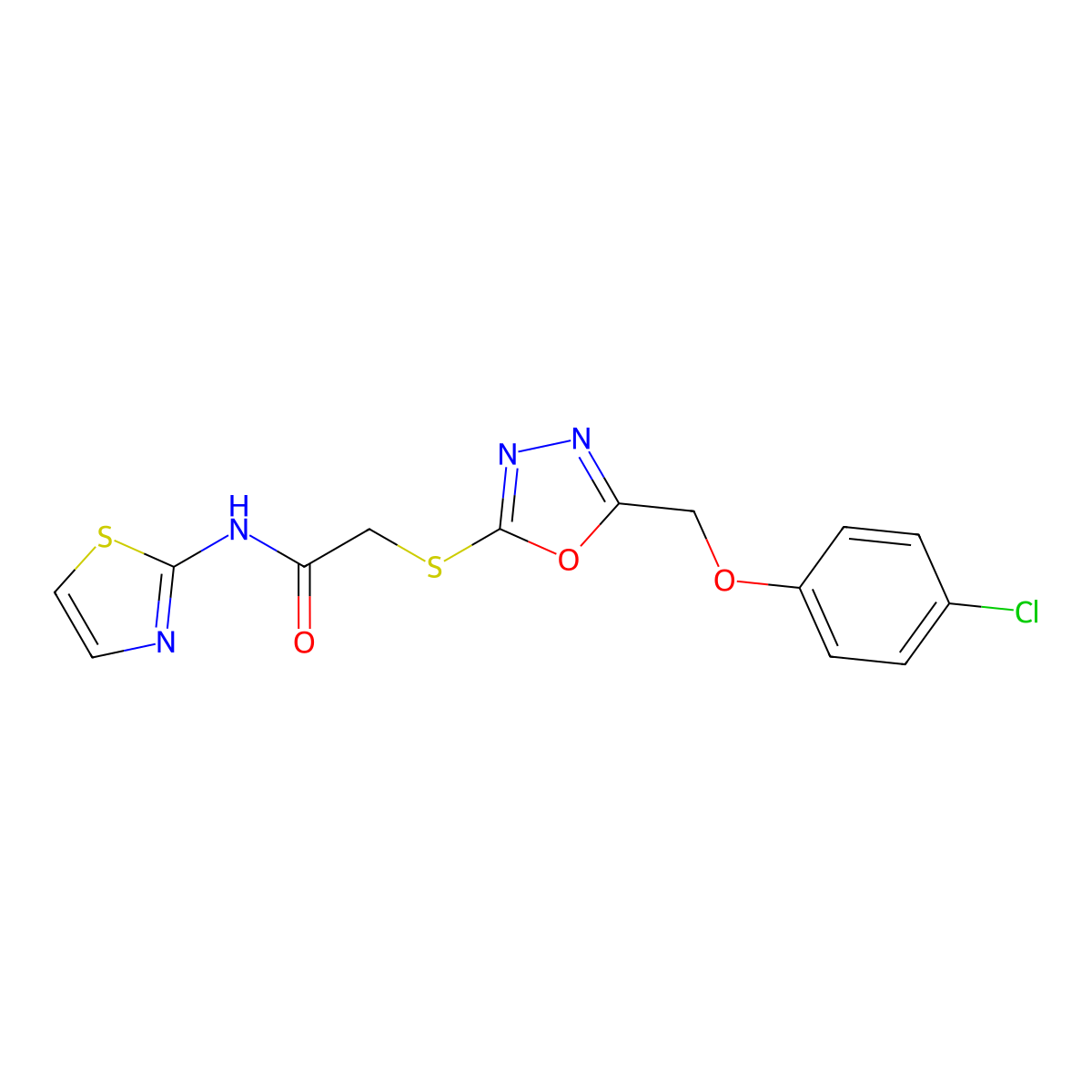 2-((5-((4-chlorophenoxy)methyl)-1,3,4-oxadiazol-2-yl)thio)-N-(thiazol-2-yl)acetamide molecular structure, CAS 833430-47-0