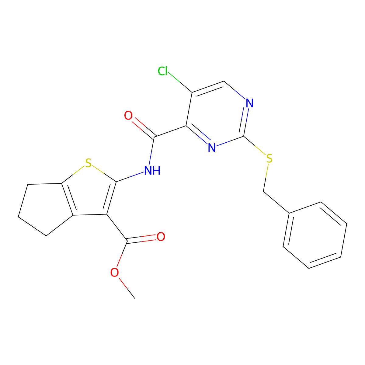 methyl 2-({[2-(benzylsulfanyl)-5-chloropyrimidin-4-yl]carbonyl}amino)-5,6-dihydro-4H-cyclopenta[b]thiophene-3-carboxylate molecular structure, CAS 833430-77-6