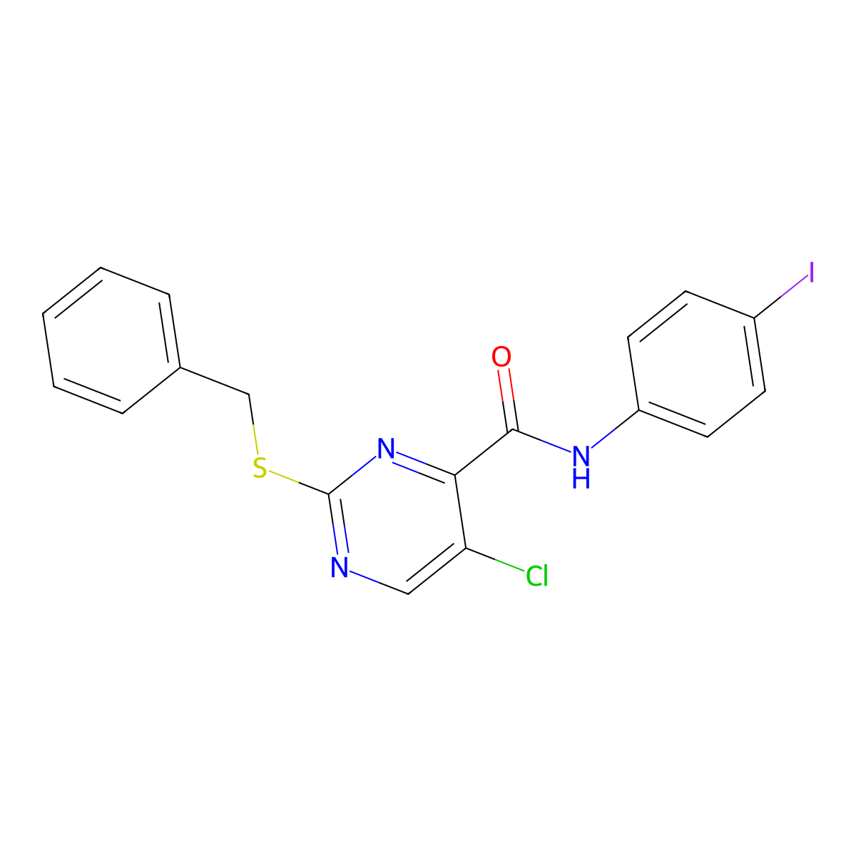 2-benzylsulfanyl-5-chloro-N-(4-iodophenyl)pyrimidine-4-carboxamide molecular structure, CAS 833433-51-5