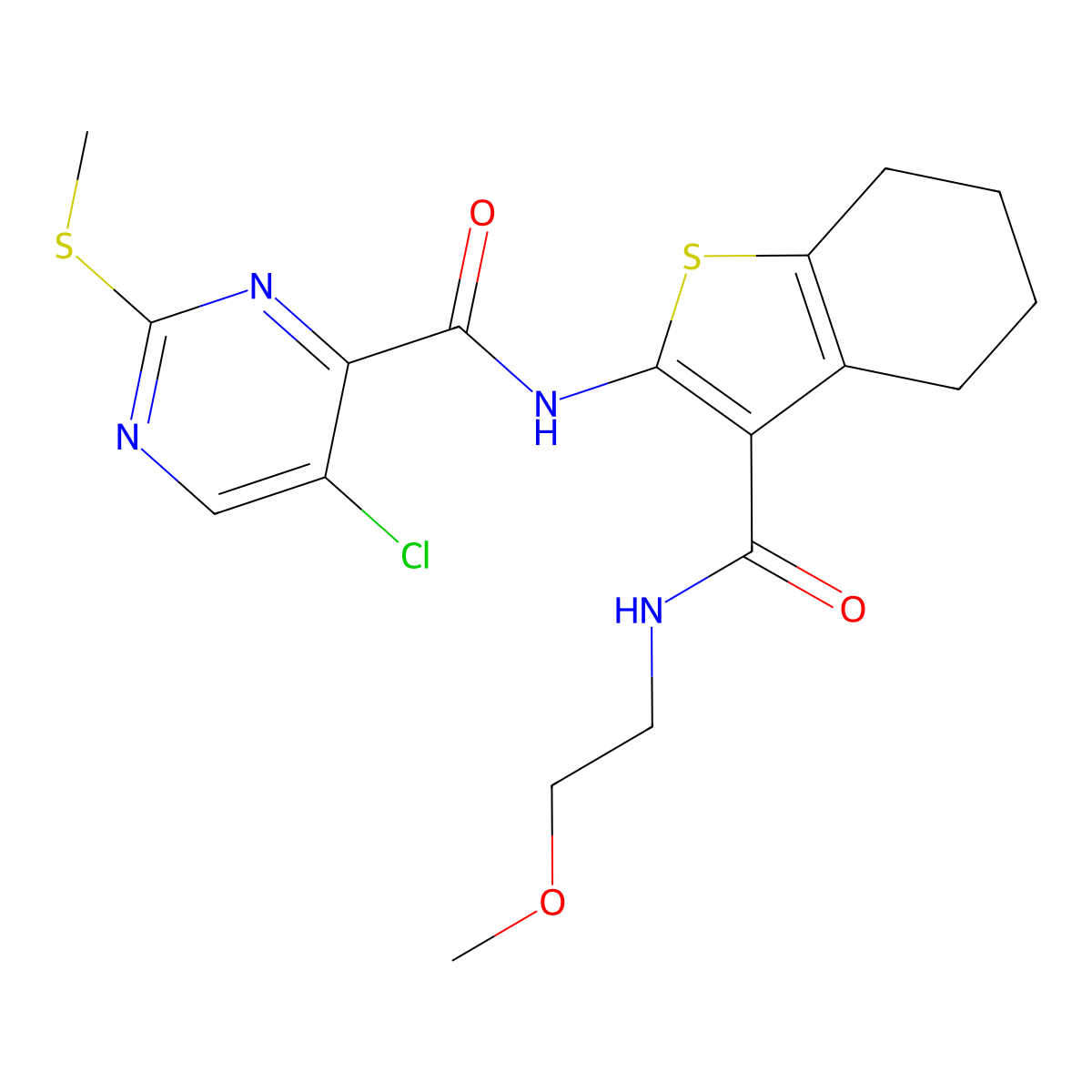 5-chloro-N-{3-[(2-methoxyethyl)carbamoyl]-4,5,6,7-tetrahydro-1-benzothiophen-2-yl}-2-(methylsulfanyl)pyrimidine-4-carboxamide molecular structure, CAS 833434-93-8