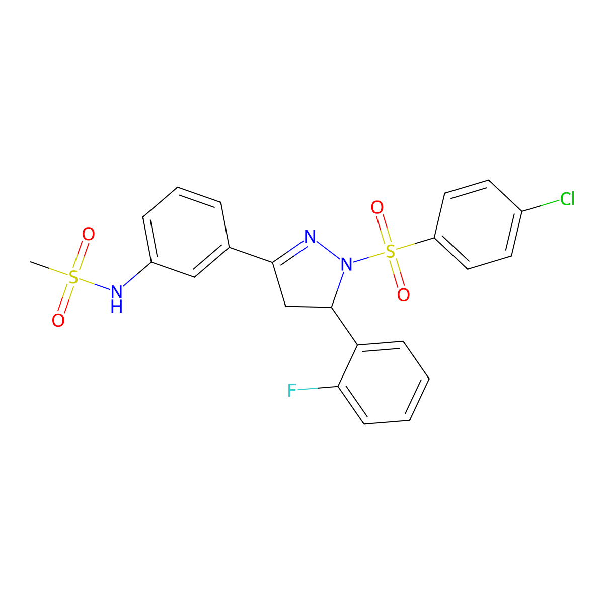 N-(3-(1-((4-chlorophenyl)sulfonyl)-5-(2-fluorophenyl)-4,5-dihydro-1H-pyrazol-3-yl)phenyl)methanesulfonamide molecular structure, CAS 833435-08-8