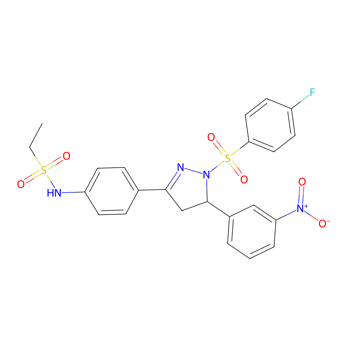 N-(4-(1-((4-fluorophenyl)sulfonyl)-5-(3-nitrophenyl)-4,5-dihydro-1H-pyrazol-3-yl)phenyl)ethanesulfonamide molecular structure, CAS 833437-69-7