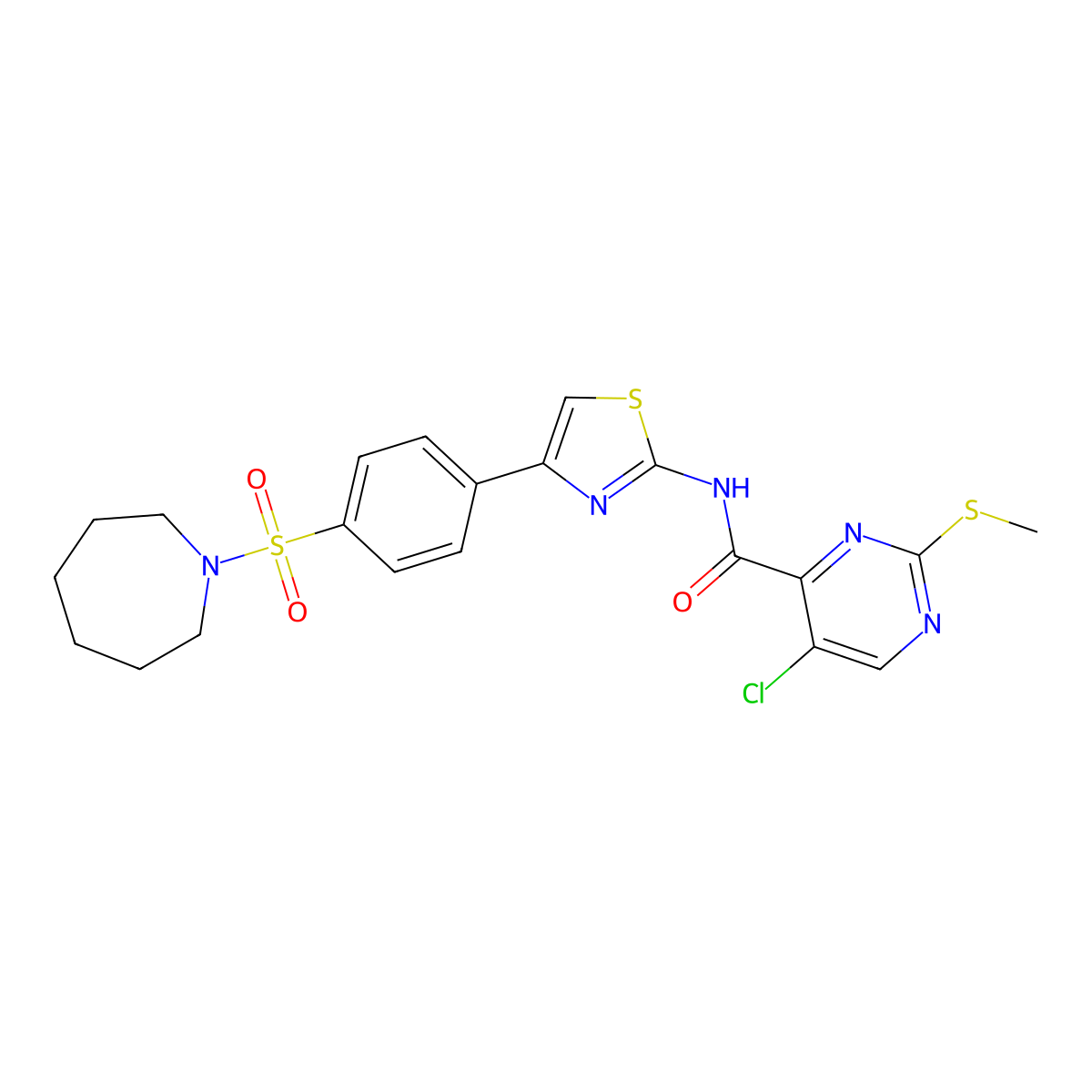 N-[4-[4-(azepan-1-ylsulfonyl)phenyl]-1,3-thiazol-2-yl]-5-chloro-2-methylsulfanylpyrimidine-4-carboxamide molecular structure, CAS 833437-96-0
