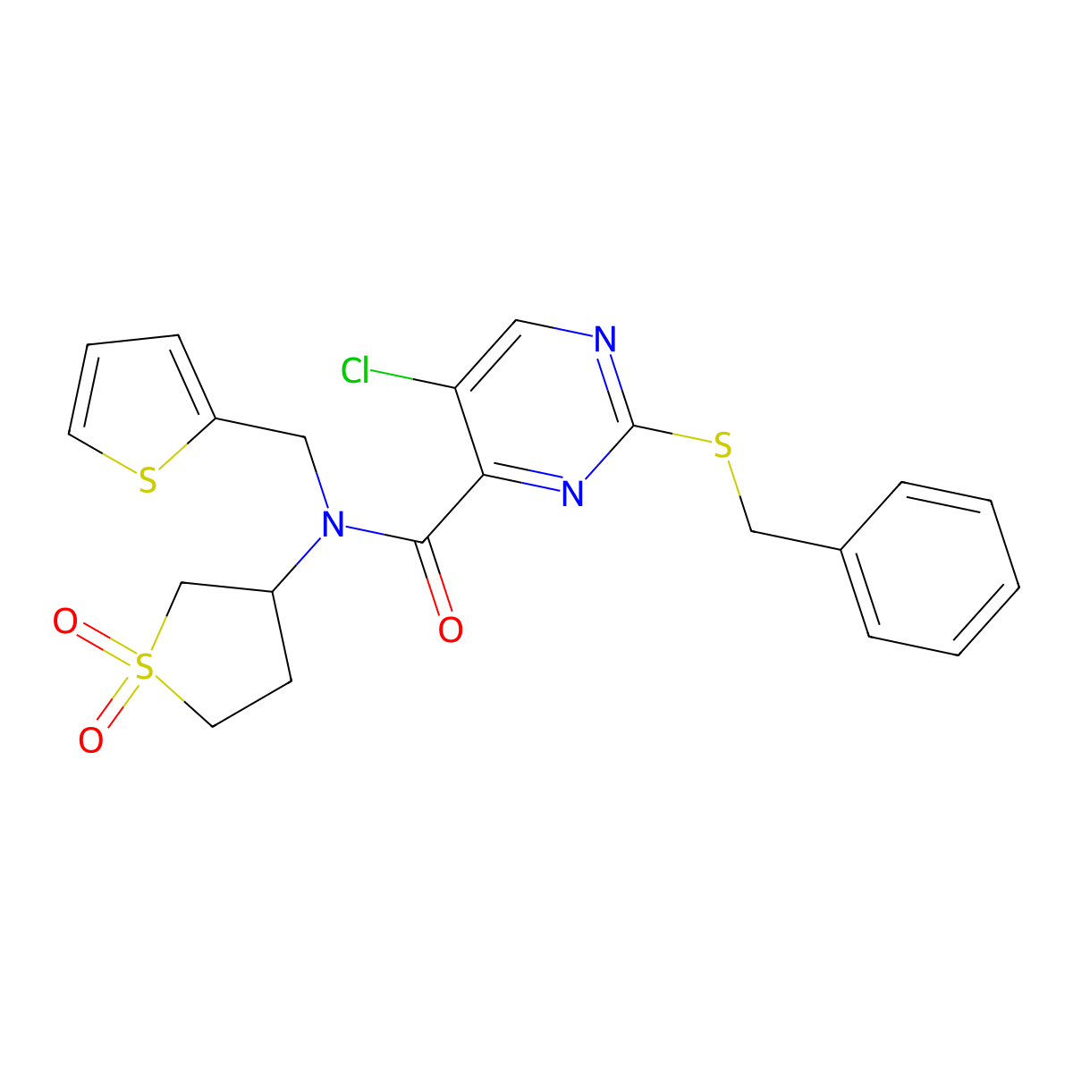 2-(benzylsulfanyl)-5-chloro-N-(1,1-dioxidotetrahydrothiophen-3-yl)-N-(thiophen-2-ylmethyl)pyrimidine-4-carboxamide molecular structure, CAS 833438-07-6
