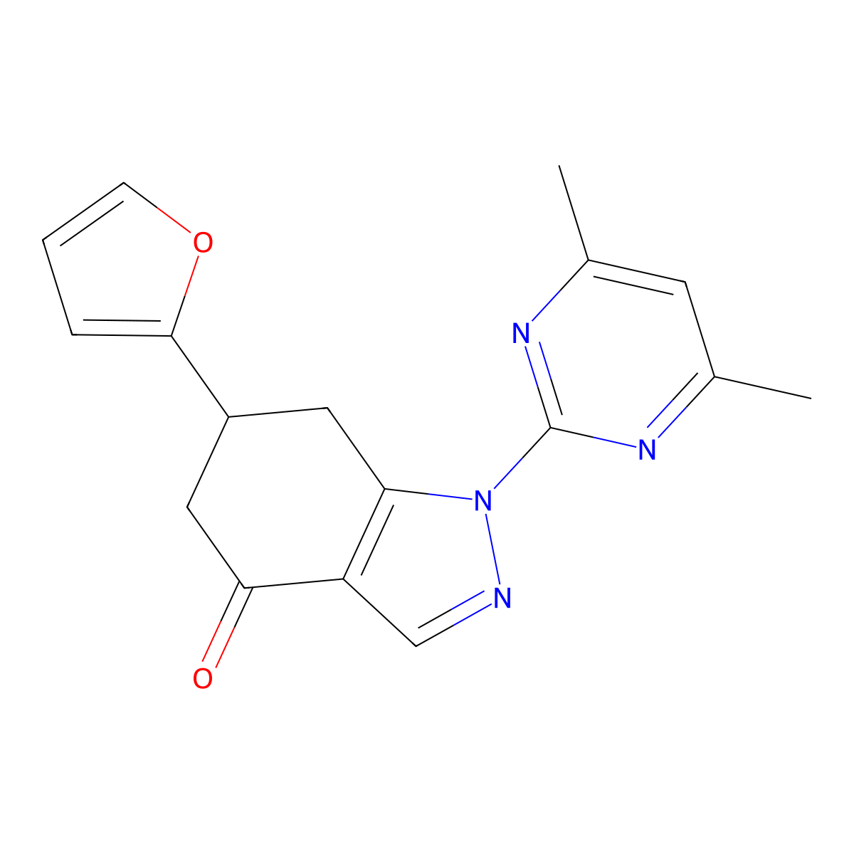 1-(4,6-dimethylpyrimidin-2-yl)-6-(furan-2-yl)-1,5,6,7-tetrahydro-4H-indazol-4-one molecular structure, CAS 833439-64-8