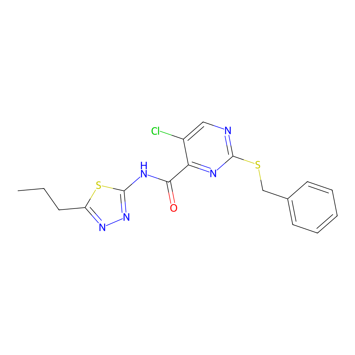 2-(benzylsulfanyl)-5-chloro-N-(5-propyl-1,3,4-thiadiazol-2-yl)pyrimidine-4-carboxamide molecular structure, CAS 833440-66-7