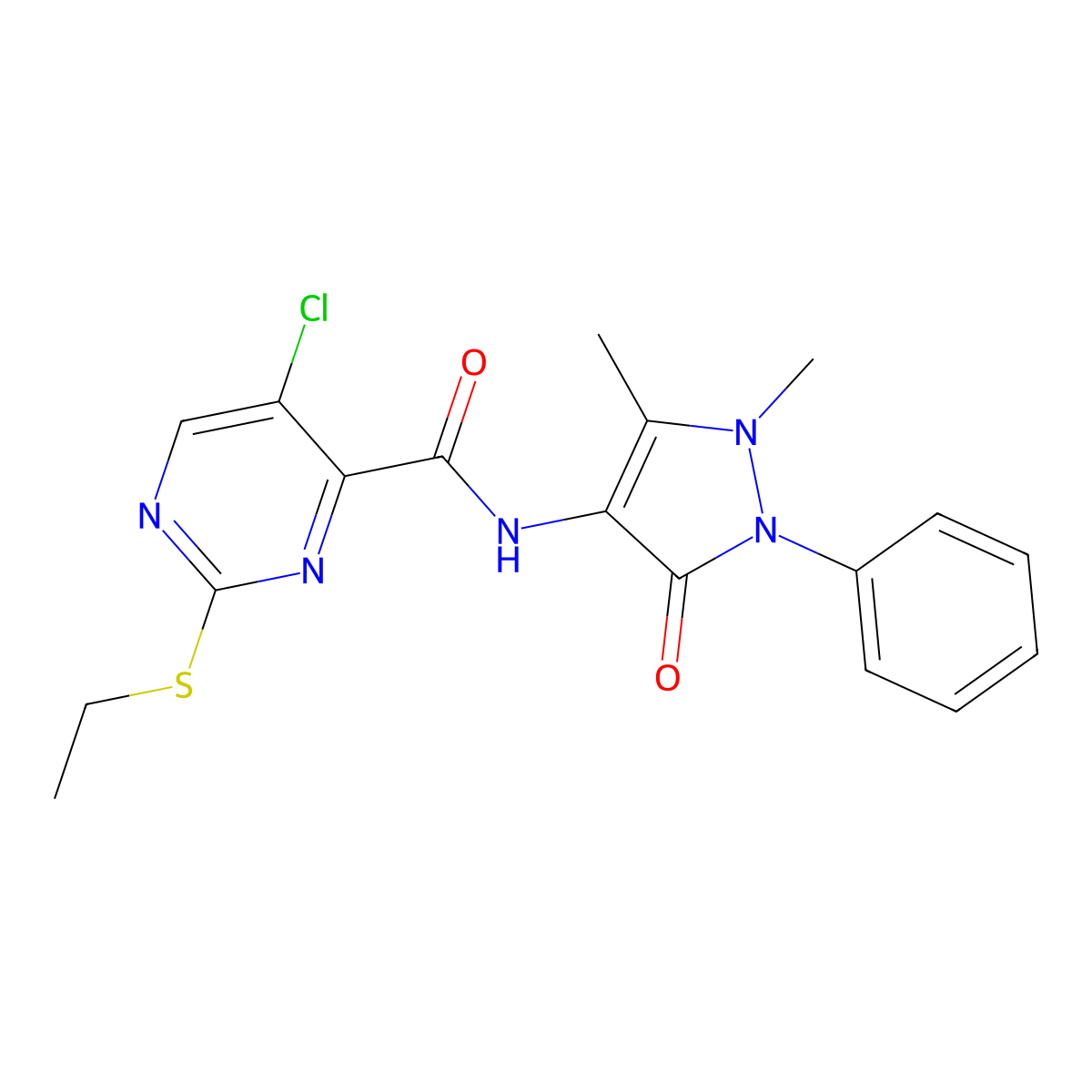 5-chloro-N-(1,5-dimethyl-3-oxo-2-phenylpyrazol-4-yl)-2-ethylsulfanylpyrimidine-4-carboxamide molecular structure, CAS 833442-52-7