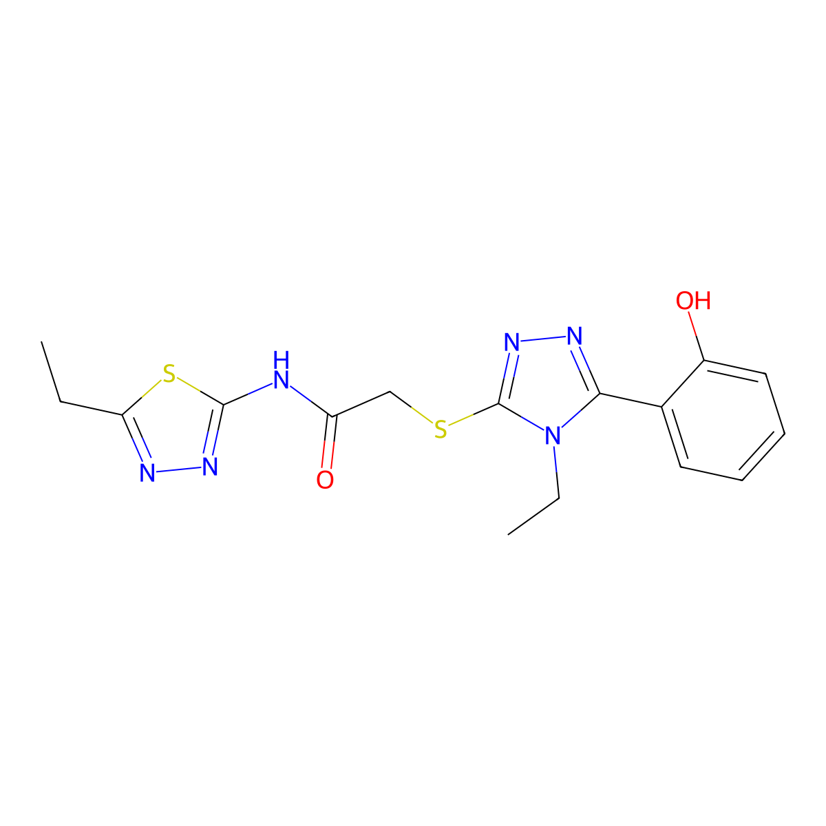 2-{[4-ethyl-5-(2-hydroxyphenyl)-4H-1,2,4-triazol-3-yl]sulfanyl}-N-(5-ethyl-1,3,4-thiadiazol-2-yl)acetamide molecular structure, CAS 833443-63-3