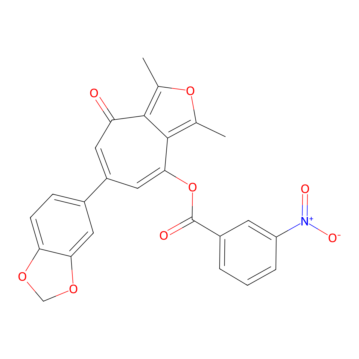 6-(1,3-benzodioxol-5-yl)-1,3-dimethyl-4-oxo-4H-cyclohepta[c]furan-8-yl 3-nitrobenzoate molecular structure, CAS 833444-06-7