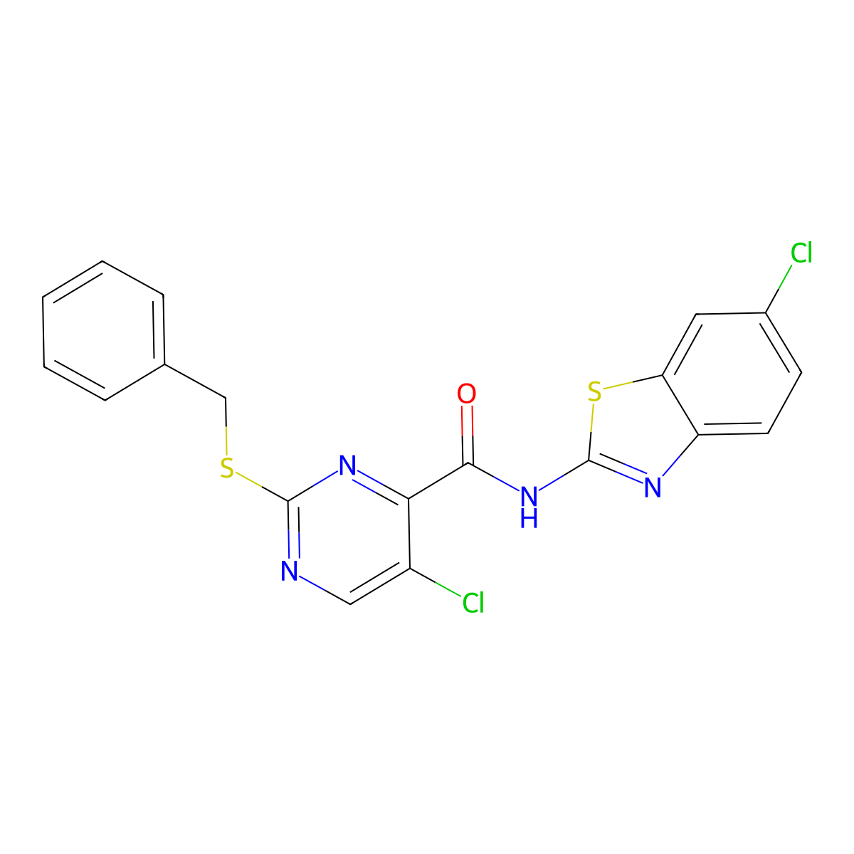 2-benzylsulfanyl-5-chloro-N-(6-chloro-1,3-benzothiazol-2-yl)pyrimidine-4-carboxamide molecular structure, CAS 833445-18-4